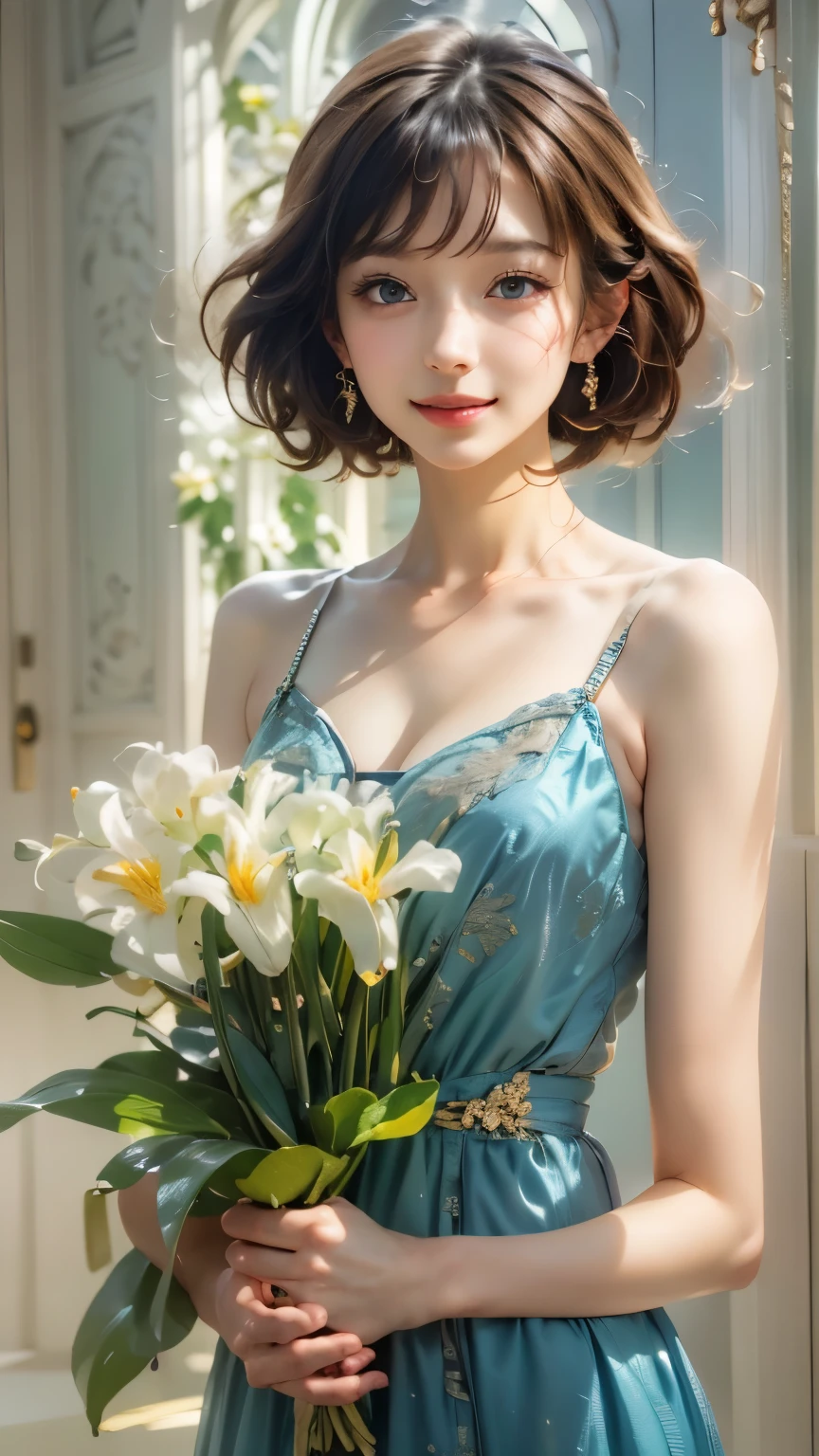1 girl, Blue eyes. Full-length, holding a lily in her hand, short blue bell dress with yellow stripes, straps, and open shoulders. Blue eyes glow with happiness. Head tilted, short brown hair, graceful head, with a clear smile on her face, Chic interior - sunshine. Chara, a golden studio background, stands among white flowers. Brown hair, blunt bangs, hair between the eyes, parted bangs, long eyelashes, earrings, slight smile, Realism, Surrealism, Art Deco, chiaroscuro, backlighting, masterpiece, anatomically correct, super detail, excellent detail, award-winning, best quality, 1080P, HD
