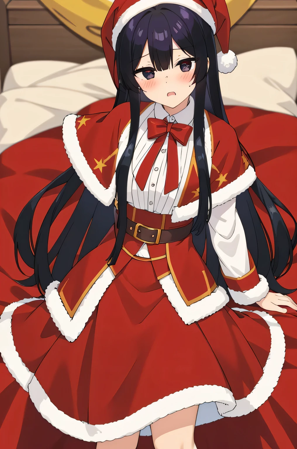 black hair,black eyes, long hair, blush, red capelet, christmas, santa dress, capelet, dress, fur-trimmed capelet, santa costume, santa hat, red dress, red headwear, bangs, breasts, fur-trimmed dress, hat, fur trim, upper body, masterpiece, best quality,(((blush,orgasm,pleasure,embarassed)))