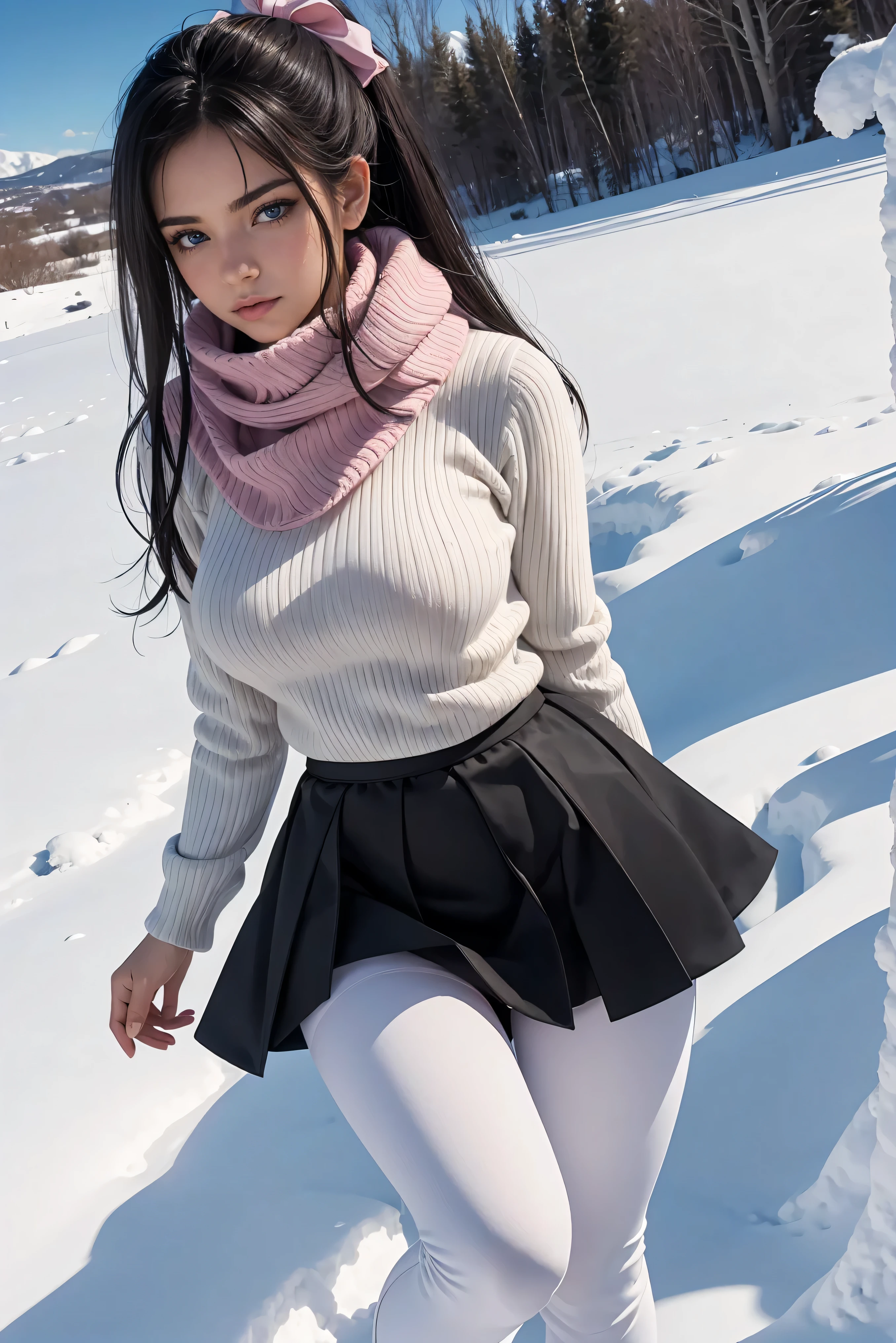 (Best Quality,High resolution:1.2), Ultra-detailed, Realistic portrait, hot Cypriot girl,, pretty face, perfect long legs, full body, tiny waist. large breasts, standing, tight white jumper, black high waist leggings, pink and white snow boots, in the snow, large blue eyes, long black hair tied up with a ribbon, tight high waist skirt, woolen socks, scarf around neck
