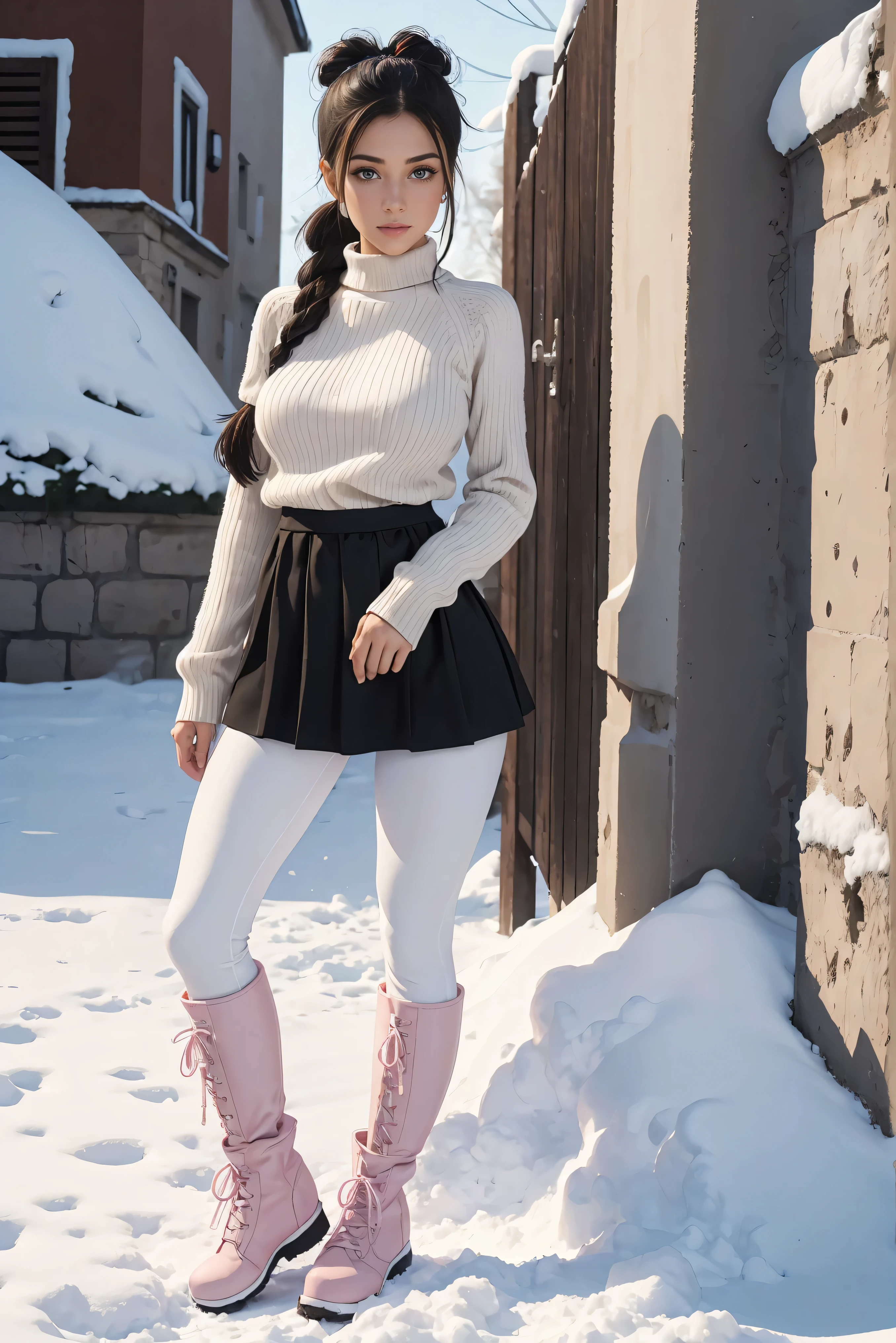 (Best Quality,High resolution:1.2), Ultra-detailed, Realistic portrait, hot Cypriot girl,, pretty face, perfect long legs, full body, tiny waist. large breasts, standing, tight white jumper, black high waist leggings, pink and white snow boots, in the snow, large blue eyes, long black hair tied up with a ribbon, pigtails, tight high waist skirt, woolen socks