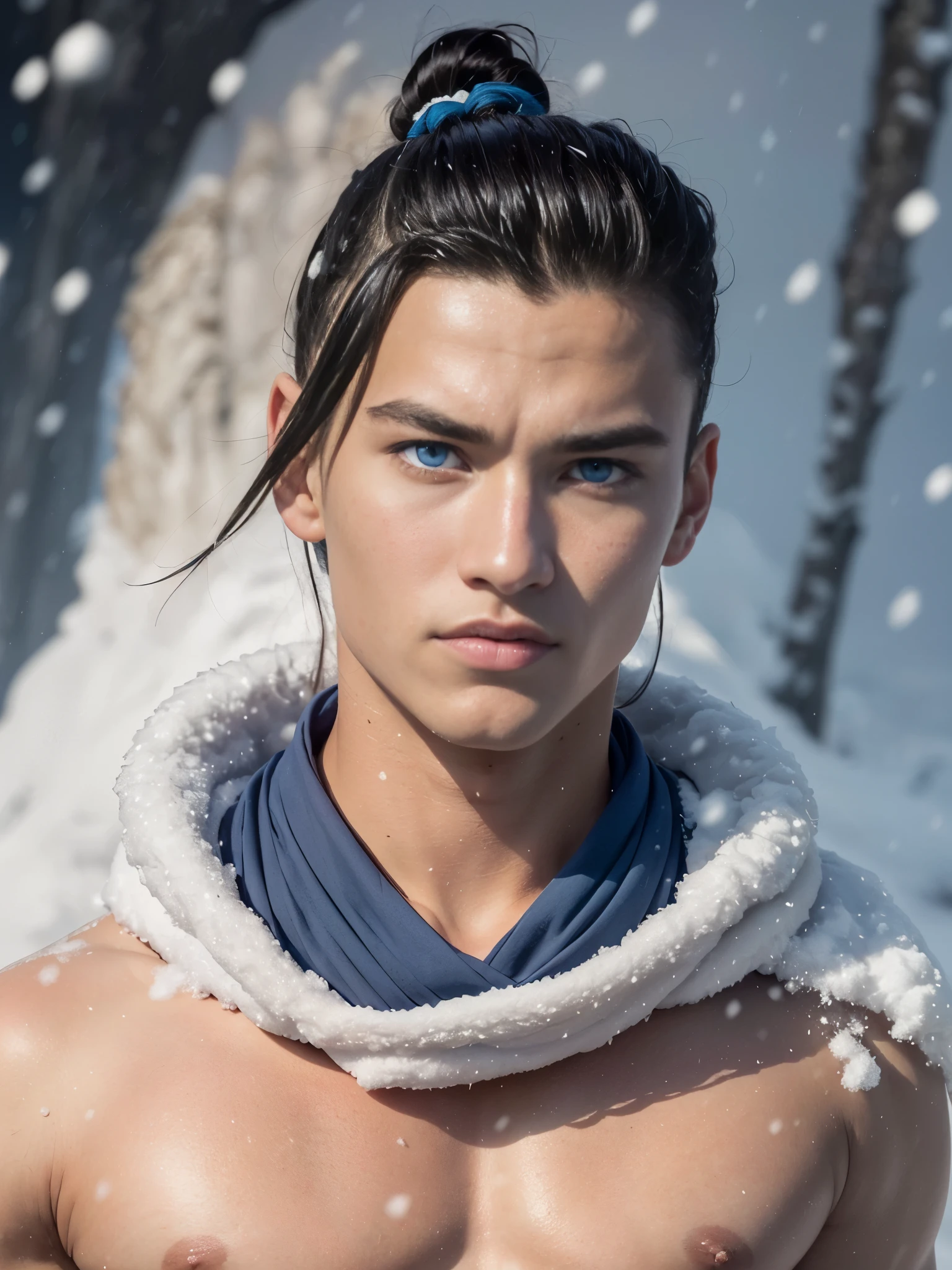 Photorealistic, (Sokka:1.2), (full body shot:1.4), (blue eyes:1.9), masculine handsome male model, masculine korean/german mix guy, (cute:1.3), (young, 18 years old:1.5), ((best quality)), ((masterpiece)), (detailed), (barechested:1.4). Portrait of young Sokka from "Avatar: The Last Airbender". portrait him with strong jawline, short hair, shaved with a short , (snow in the background:1.5),
