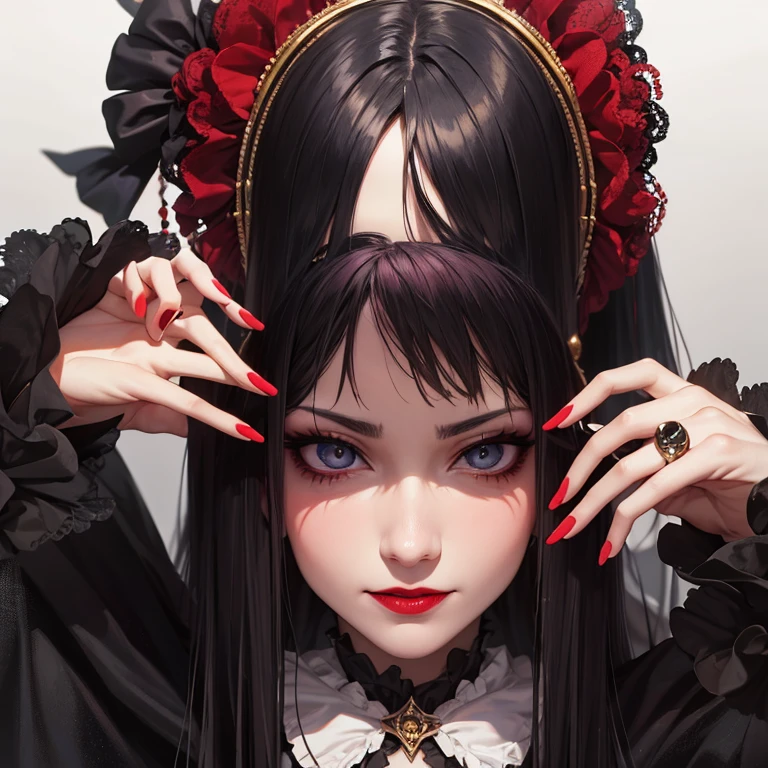 vampire woman, （tmasterpiece：1.2）， （best qualtiy：1.2）， perfect eyes, the perfect face， 1girl， Vintage， black hair， stern expression， fanciful， exteriors， detailed back ground， putting makeup on， lipsticks， eye shadowascara， thick eyeslashed, highres, absurdres, victorian clothes, smirking, vampire, smiling, fullbody