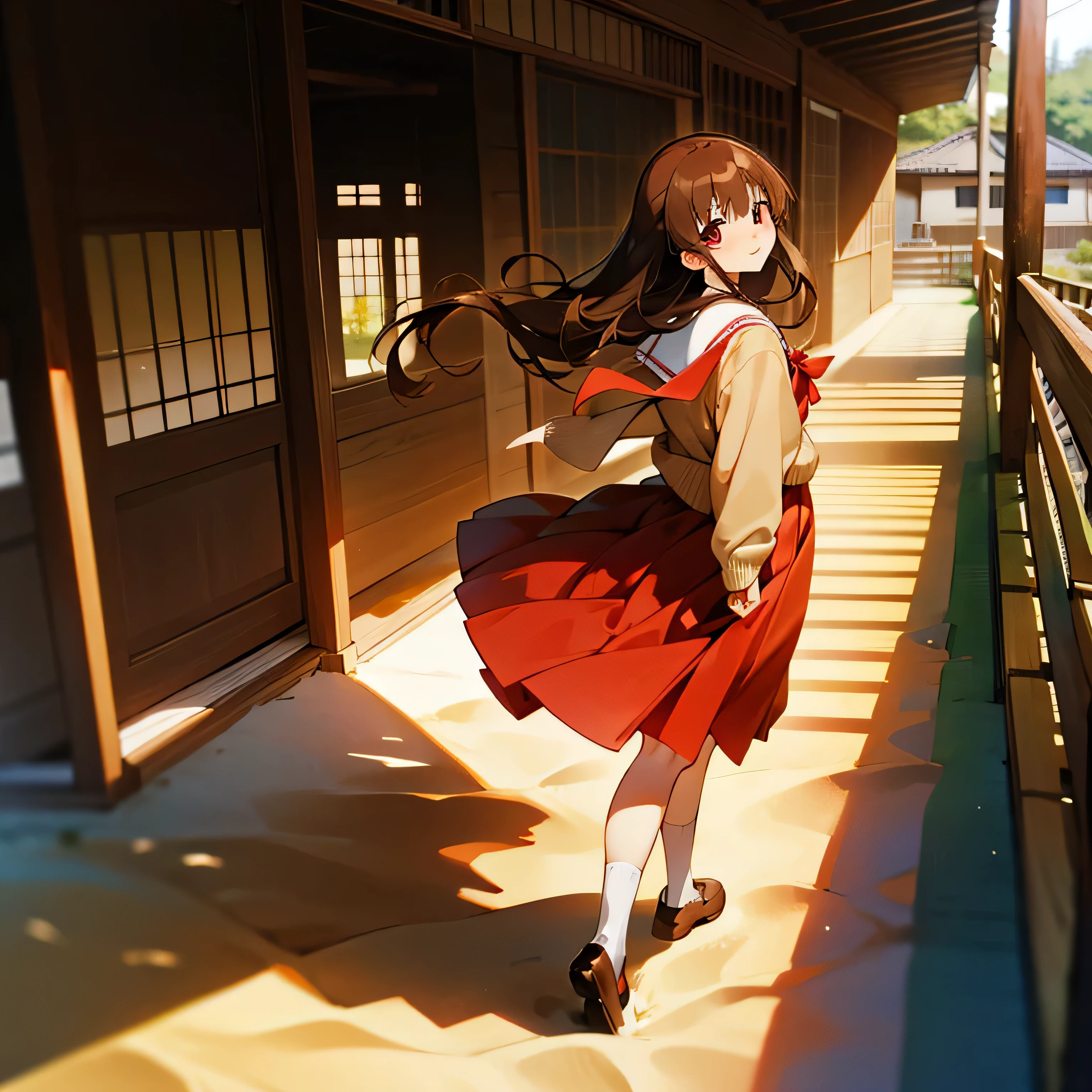 1girl, best quality, nagamori mizuka, ONE kagayaku kisetsu he, red eyes, long hair, light brown hair, yellow tape tying hair behind, school uniform, red skirt, knee length skirt, white socks, brown shoes, white shirt with a red bow, sand colored cardigan sweater, smiling, hands behind, full body, in front of a japanese style house, looking at viewer, spring scenery