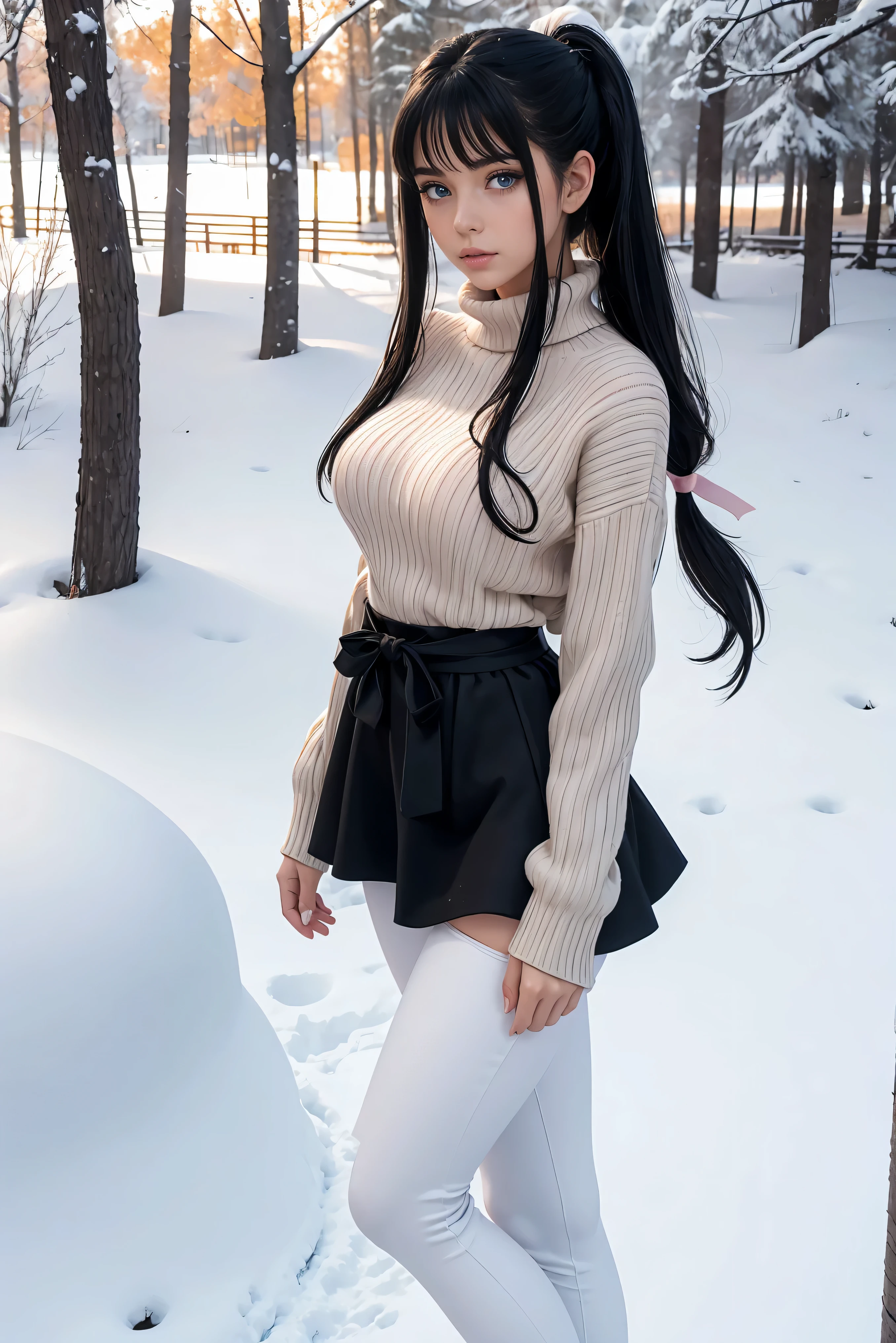 (Best Quality,High resolution:1.2), Ultra-detailed, Realistic portrait, hot Russian girl, pretty face, perfect long legs, full body, tiny waist. large breasts, standing, tight white cropped jumper, black high waist leggings, pink and white snow boots, in the snow, large blue eyes, long black hair tied up with a ribbon, pigtails, tight high waist mini skirt, woolen socks, hair bangs, snowing, foggy, (large round black rimmed glasses), cat ears