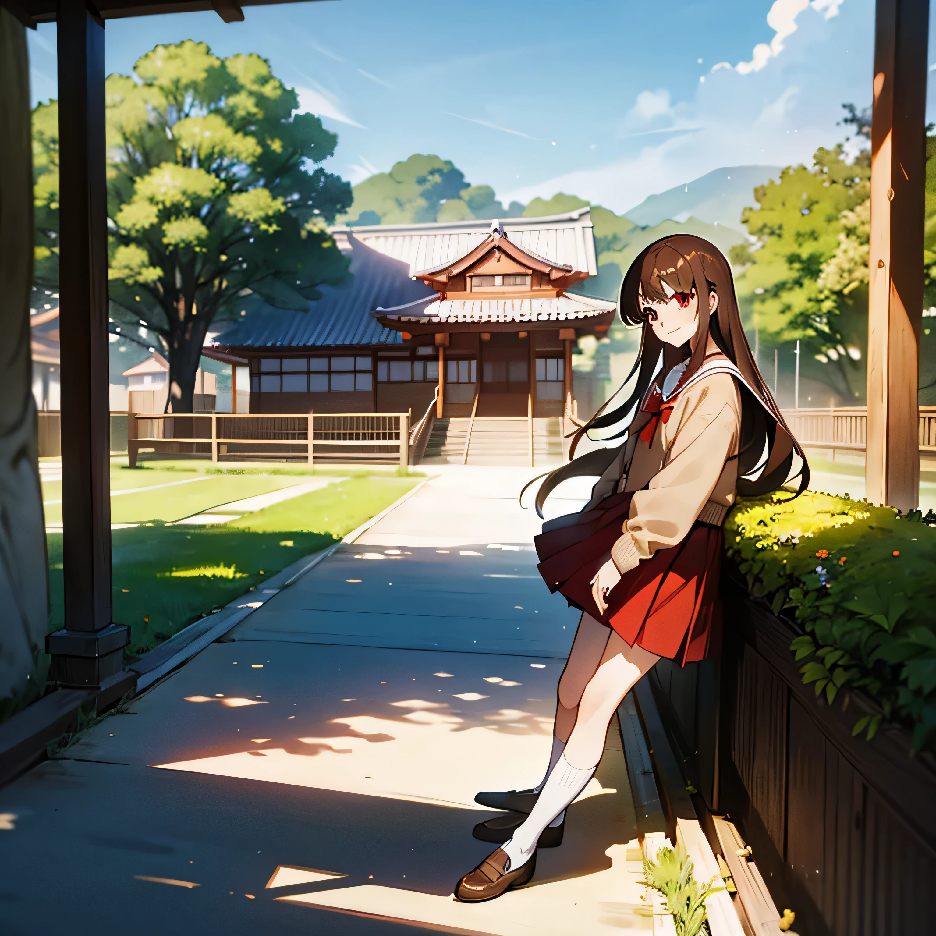 1girl, best quality, nagamori mizuka, ONE kagayaku kisetsu he, red eyes, long hair, light brown hair, yellow tape tying hair behind, school uniform, red skirt, knee length skirt, white socks, brown shoes, white shirt with a red bow, sand colored cardigan sweater, smiling, hands behind, full body, in front of a japanese style house, looking at viewer, spring scenery