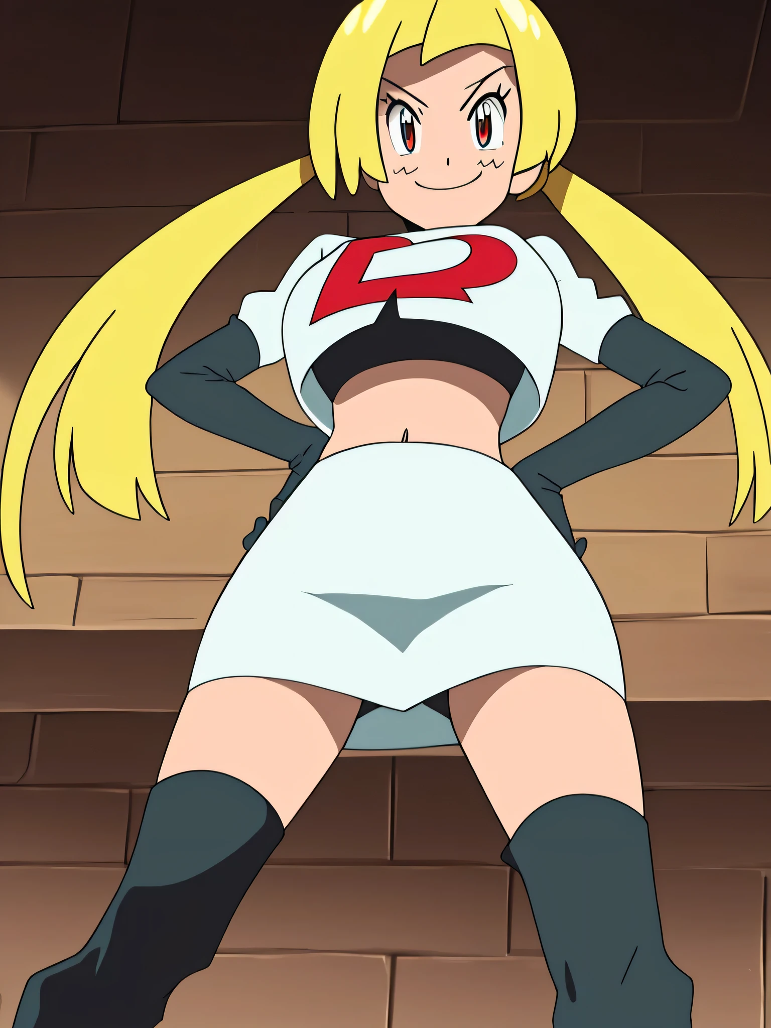 1girl in, (Solo:1.2), (Perfect body:1.1), (Best Quality:1.1), Cute Girl, Tsundere:1.1, (student clothes:1.4), (tiered layers skirt:1.2), very large breast, a blond, Long twintails, Black Ribbon Hair Fastening, Tsuriformes, sharp eye, Sanpaku eyes, (Seductive smile:1.5), Noble atmosphere, Fine-grained skin, (Choker with a cross:1.1), View of the valley, Navel Ejection, Raw feet, a belt on the thighhigh, Bright red eyes, Shining eyes, (NSFW:0.8), 8K, a belt on the thighhigh, Skinny Legs, School grounds with grass, full body seen, (Looking down here:1.2), (Loose socks:1.3), I don't have anything in my hands, No one around, hands on hip,team rocket uniform, red letter r, white skirt,white crop top,black thigh-high boots, black elbow gloves, glaring angrily, looking at viewer, hands on hips, full body seen