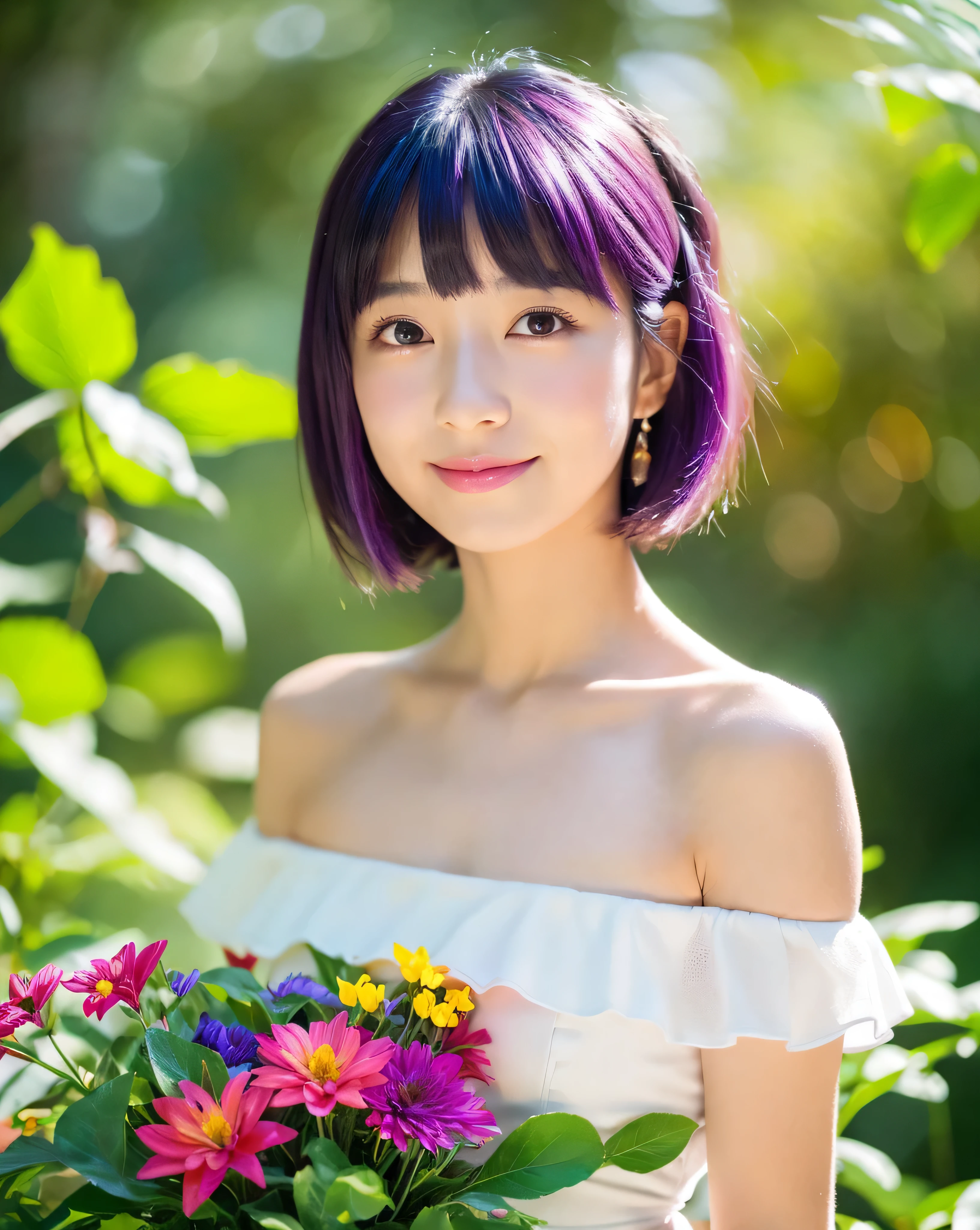 (highest quality, 8k, High resolution, masterpiece:1.2), beautiful japanese girl, , (whole body:1.3), detailed purple hair, Beautiful bob cut, asymmetrical bangs, thin eyebrows, big magic eyes, High resolutionの潤んだ瞳孔, Light pink lip, smooth soft skin, natural makeup, gentle smile, white one piece dress, off shoulder, mini skirt, Detailed and perfect clavicle, High resolutionで美しい胸元, plump and voluptuous breasts, High resolutionの美しい脚, Rainbow Forest, (100+ colorful flowers:1.5), (100+ Colorful little birds:1.2), big and beautiful waterfall, fantasy, professional lighting, professional photographer
