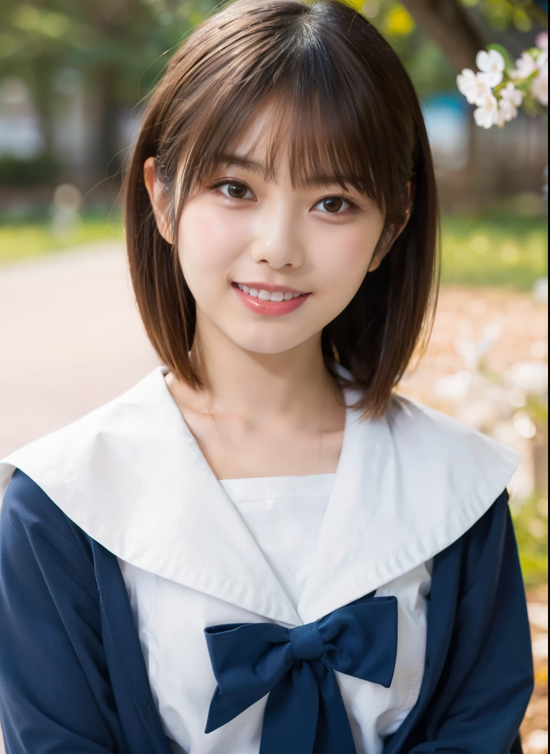 (realistic:1.4), highest quality, ultra high resolution,
4k, Instagram,
very detailed,
1 girl , high school student,
(sailor suit:1.2),long sleeve,
short hair, bangs,
smile,
at school,
Cherry Blossom,Super oversized breasts:2.0、