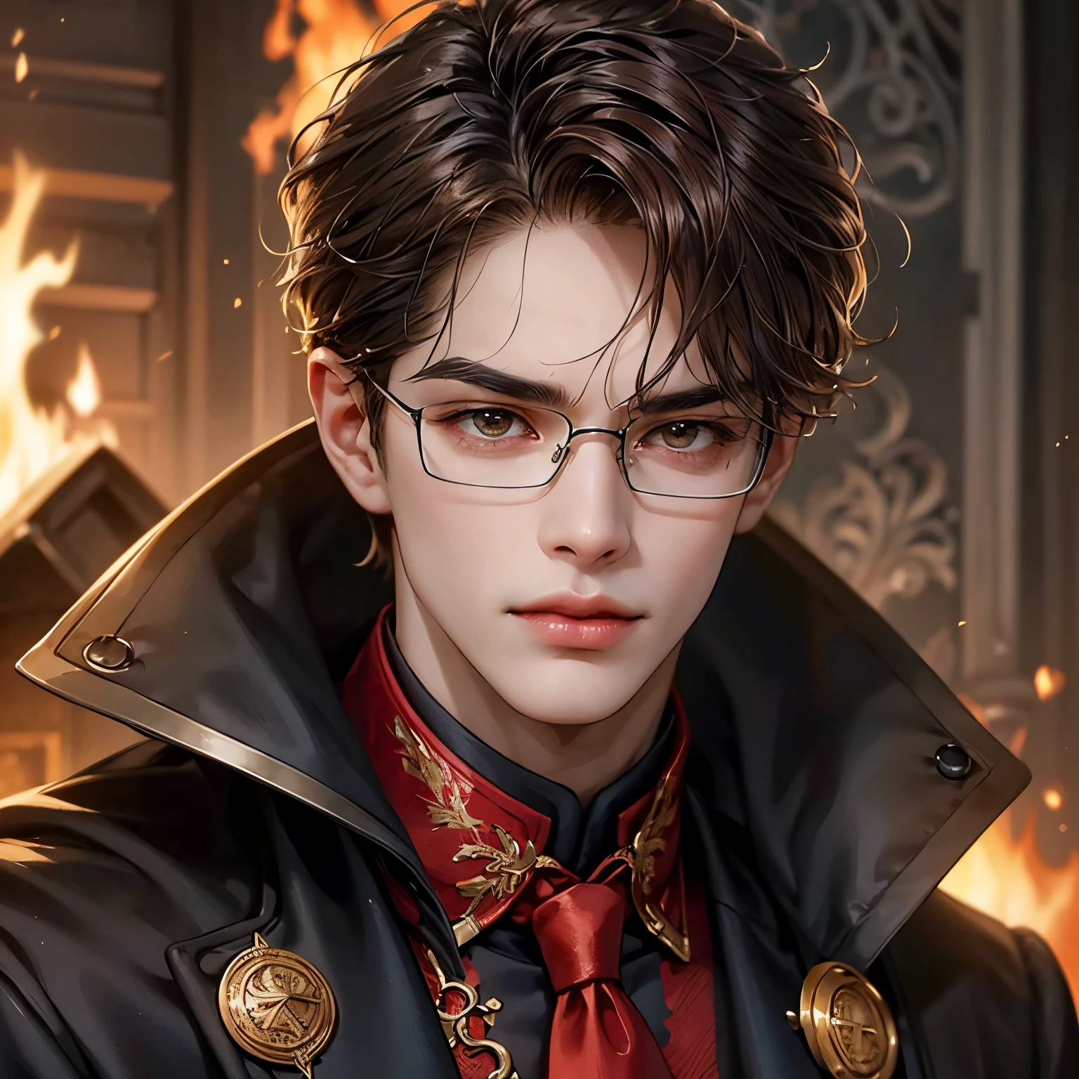 Create a face card portrait for a character description capturing the character's face. A young teenage male character with curly brown hair, brown eyes, wearing a brown and red fantasy gear, with a brown coat and red tie, wearing glasses, he's a fierce fighter, angry, he's very handsome, dark theme, detailed background of a fire burning, furnace in background, dark blue colors, very close up picture with face, detailed, 4k, only face in the picture, close up shot of face, do not show below the neck, extremely close up shot, straight portrait, Ensure the focus is on a straightforward, centered composition with a clear, direct gaze