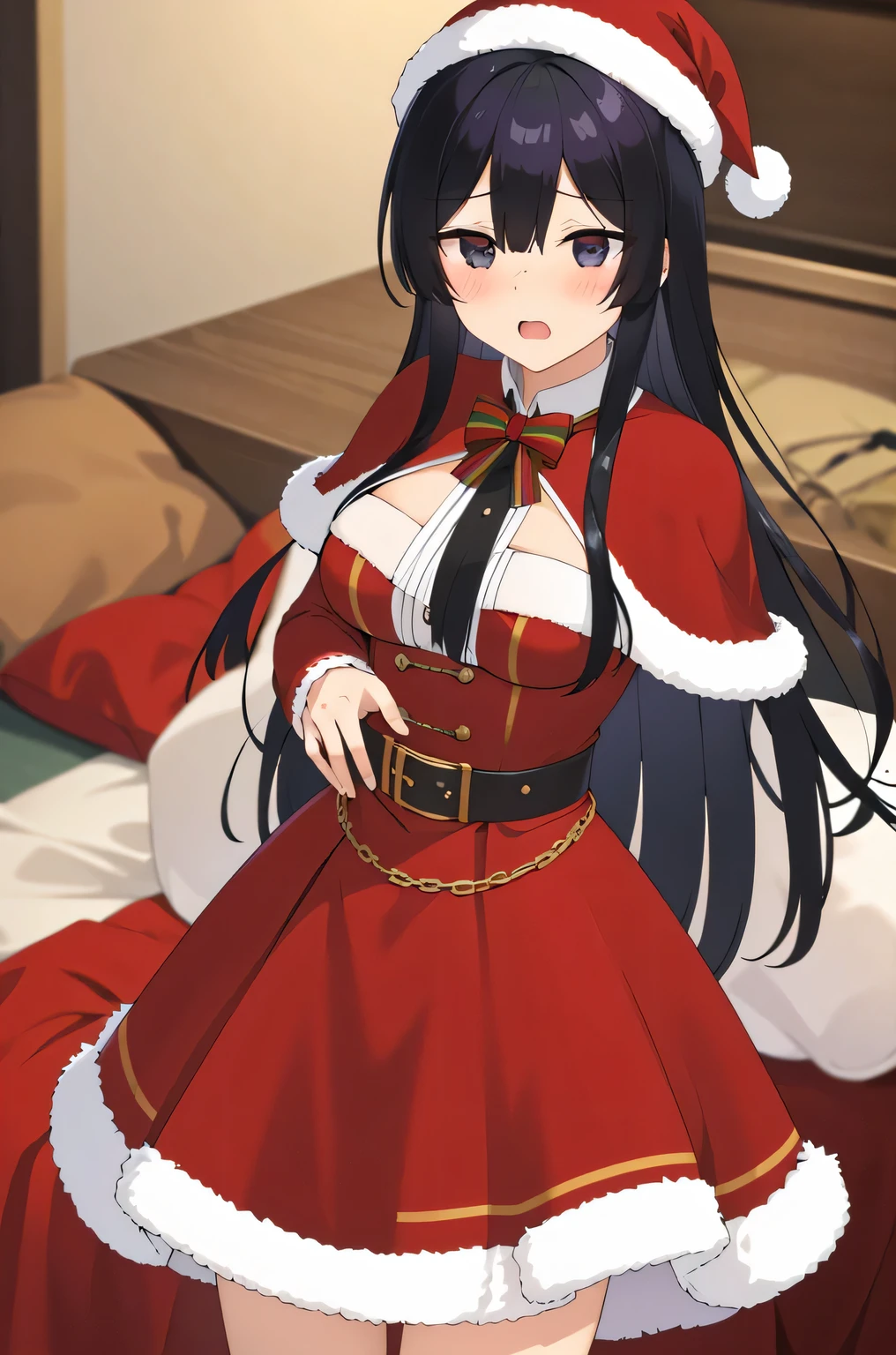 black hair,black eyes, long hair, blush, red capelet, christmas, santa dress, capelet, dress, fur-trimmed capelet, santa costume, santa hat, red dress, red headwear, bangs, breasts, fur-trimmed dress, hat, fur trim, upper body, masterpiece, best quality,(((((blush,orgasm,pleasure,embarassed)))))

