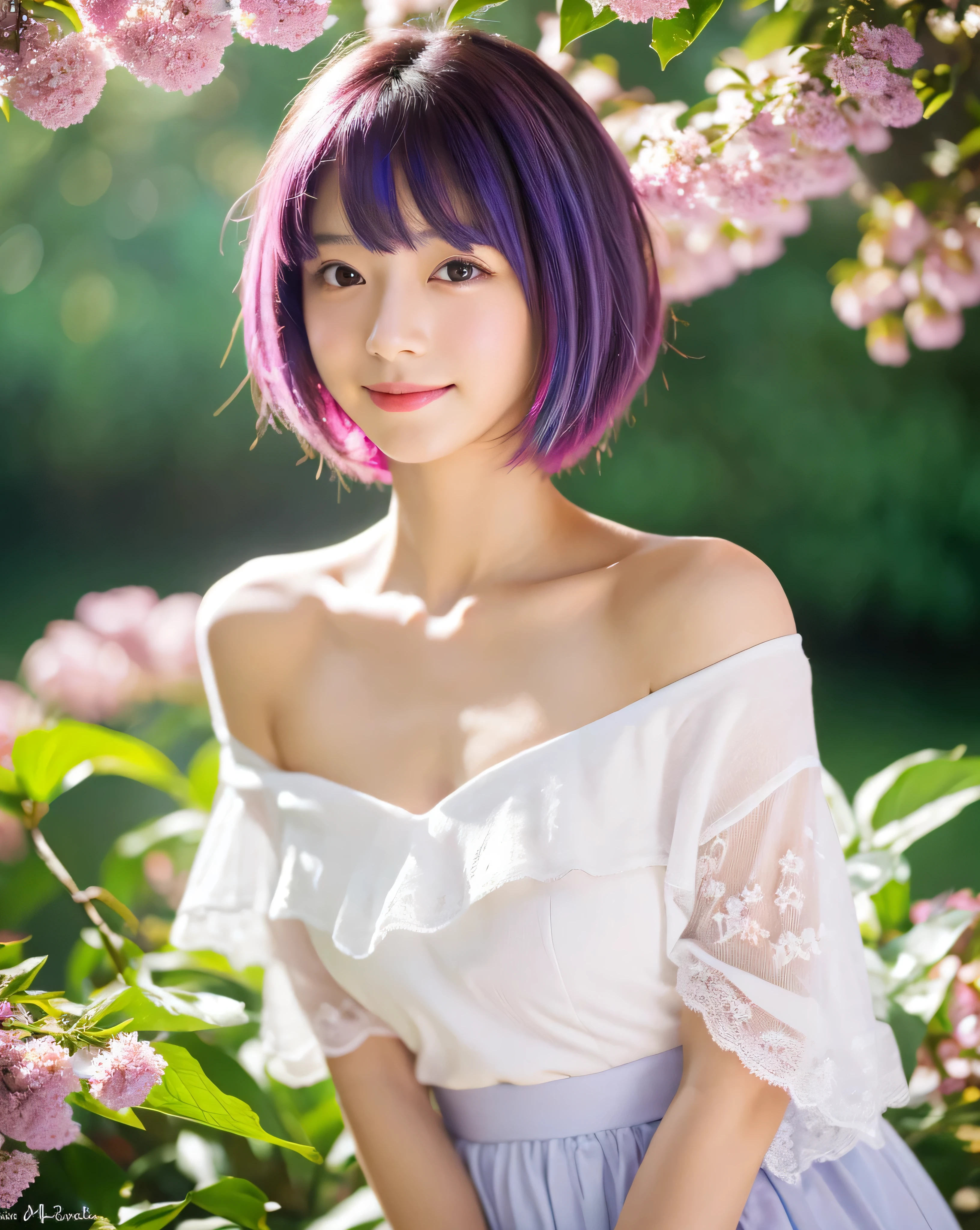 (highest quality, 8k, High resolution, masterpiece:1.2), beautiful japanese girl, 14 years old, (whole body:1.3), detailed purple hair, Beautiful bob cut, asymmetrical bangs, thin eyebrows, big magic eyes, High resolutionの潤んだ瞳孔, Light pink lip, smooth soft skin, natural makeup, gentle smile, white dress, off shoulder, mini skirt, Detailed and perfect clavicle, High resolutionで美しい胸元, plump and voluptuous breasts, High resolutionの美しい脚, Rainbow Forest, (100+ colorful flowers:1.5), (100+ Colorful little birds:1.2), big and beautiful waterfall, fantasy, professional lighting, professional photographer