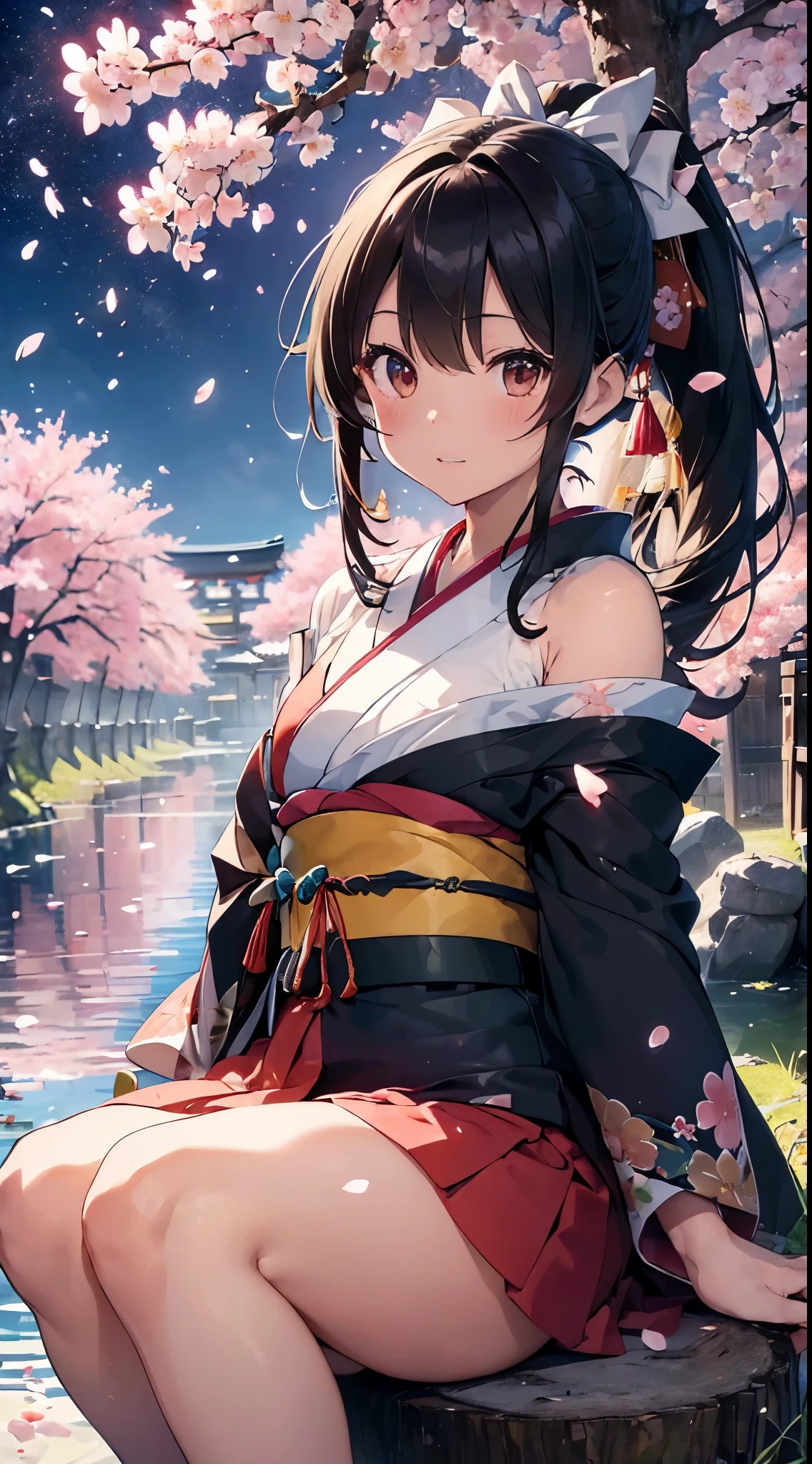 official art, unity 8k wallpaper, super detailed, beautiful beautiful, masterpiece, highest quality, (tangleた, tangle, tangle),  1 girl, black haired,ponytail、 Japanese, bare shoulders, short skirt, calf, very detailed, dynamic angle, cowboy shot, (The most beautiful form of chaos), flowing, (bright colors), nffsw, (half: 1.2), Japanese style, (Tanka Hiku: 1.5), (ribbon: 1.3), (dream: 1.5), (Japanese style kimono: 1.5), japan phoenix、(laughter:0.5)、(Japanese god)、Sakuya、((((Cherry blossom petals are dancing))))、pray、(((girl sitting on a stump)))、(((Wariza)))、night scenery、(((Kimono with paw print)))