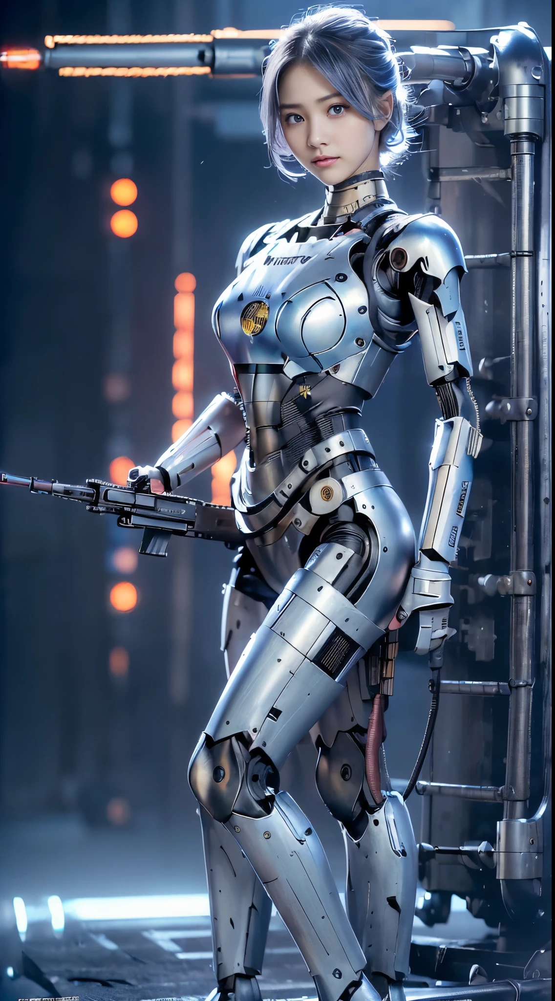 best ever、8k,(((Full body Esbian)))、(((plump breasts:1.3)))、(((luster)))、(((Metal)))、(((とてもlusterのある、Very hard armor:1.3)))、(((cyber punk)))、The cute beauty of the mecha、(highest quality, Detailed details, table top, chiaroscuro,big breasts、The bust photo is super realistic, Highly detailed Nikon videography:1.3)、beautiful navel、Human skin type、((very photorealistic person))、(round eyes)、The detail of the iris of the pupil is amazing、precise fingers、故障のない手feet、(((Caucasian 21 years old, woman)))、((Very fair skin))、natureに閉じた口、natureな乳輪、nature 、staring eyes、natureな体、baby face、womanらしい顔立ち、womanらしい体、(With a round face)、small face、soft cheeks、looking at camera、Full body Esbian、Human skin type、((very photorealistic person))、(round eyes)、The detail of the iris of the pupil is amazing、故障のない手feet、natureに閉じた口、natureな乳輪、nature 、staring eyes、natureな体、womanらしい顔立ち、womanらしい体、With a round face、small face、soft cheeks、looking at camera、Full body Esbian、balanced face、drooling eyes、(that'Not eyes that will blind you.)、Body with human-like proportions、(((slightly longer arms)))、(fairly long torso)、(((slightly larger hands)))、human face、(((Shining blue light blue silver hair)))、(((cool and cute short hair)))、(((The background is the future)))、(((8 heads and bodies)))、(((purple eyes)))、(((thin, thin silver eyebrows)))、(((thin eyebrows)))、Gentle double eyelids、(((kind face)))、(((Background Mecha)))、blade runner、(((Possession of a machine gun:1.5)))、(((Machine gun firing:1.4)))、(((Hold a machine gun:1.6)))、(((womanロボコップ:1.3)))、ghost in the shell、tron、space detective gavan、knock、police officer、(((night background)))、(((no makeup)))、(((Hollywood science fiction movie quality)))、(((New York in 5000 AD)))、((teal and orange))、height: 164cm、Leg length 80cm、Head length is 21cm、,very subtlyXfeet、(((attack posture:1.9)))、(((激しいattack posture:1.9)))、(((Raise your right arm:1.9)))、(((A large amount of red light rays from the glowing chest:1.9)))、(((being destroyed:1.9)))