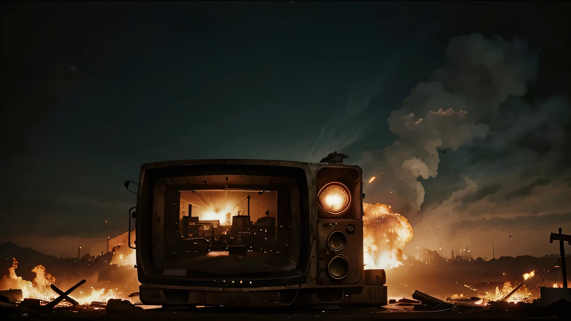 front view wide shot vintage 1960 television apocalyptic background
