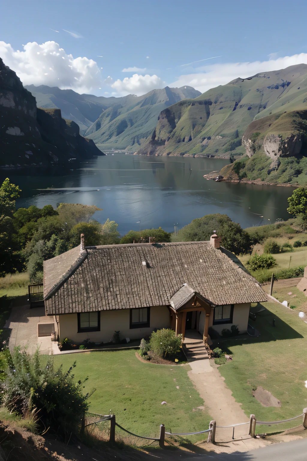 Uma casa de madeira, um lago natural e montanhas ao fundo