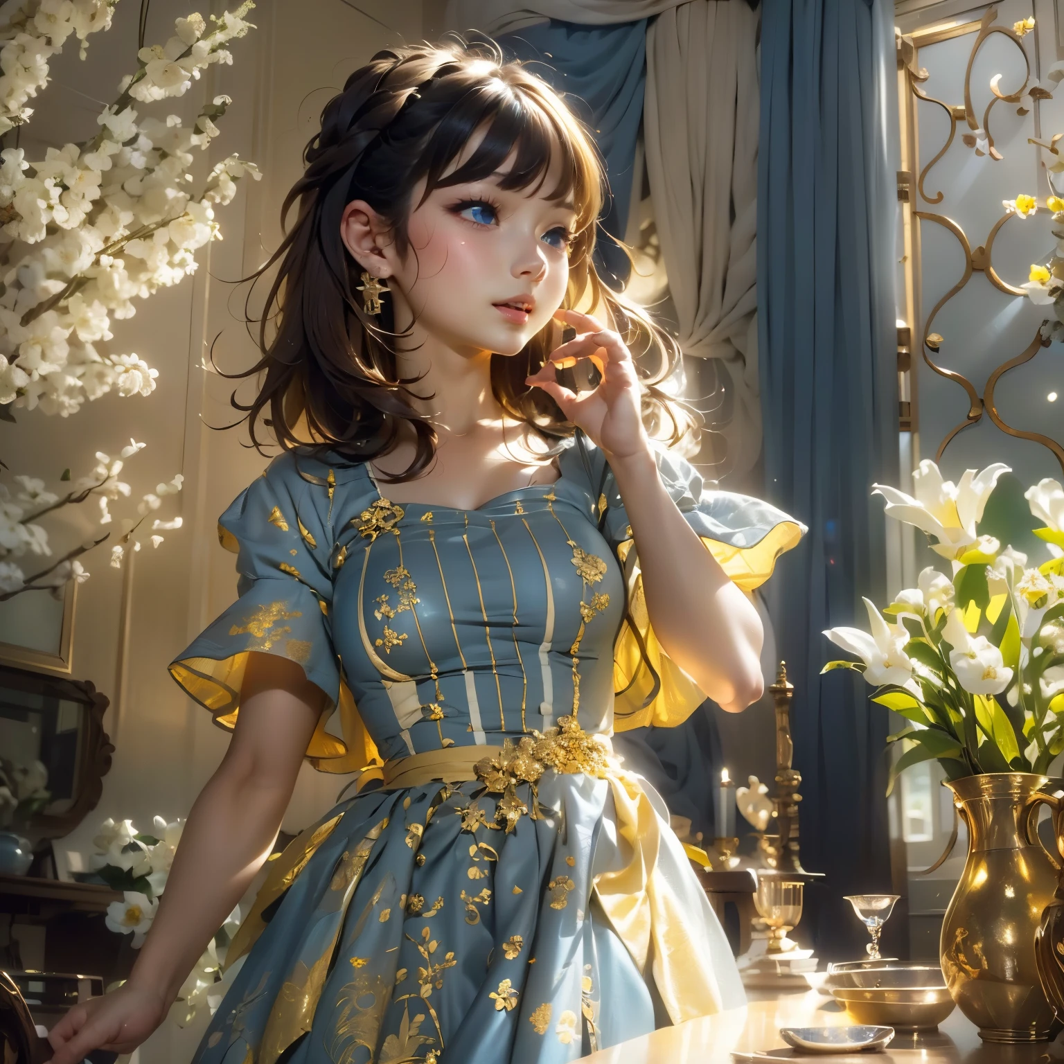 1 girl, Blue eyes. Full-length, holding a lily in her hand, short blue bell dress with yellow stripes, straps, and open shoulders. Blue eyes glow with happiness. Head tilted, short brown hair, graceful head, with a clear smile on her face, Chic interior - sunshine. Chara, a golden studio background, stands among white flowers. Brown hair, blunt bangs, hair between the eyes, parted bangs, long eyelashes, earrings, slight smile, Realism, Surrealism, Art Deco, chiaroscuro, backlighting, masterpiece, anatomically correct, super detail, excellent detail, award-winning, best quality, 1080P, HD