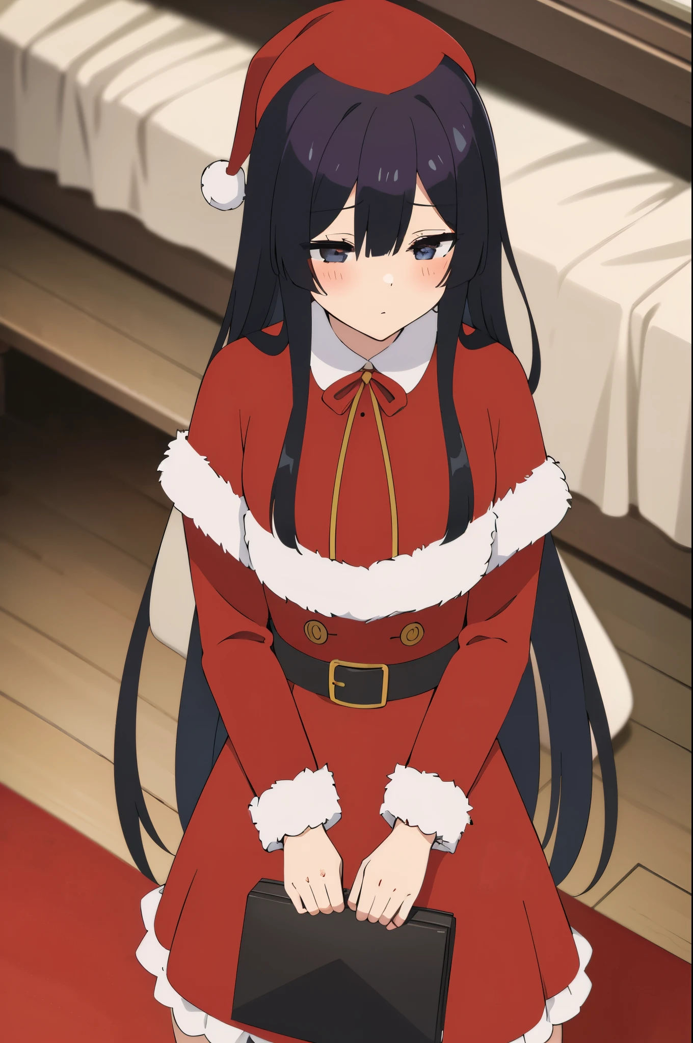 black hair,black eyes, long hair, blush, red capelet, christmas, santa dress, capelet, dress, fur-trimmed capelet, santa costume, santa hat, red dress, red headwear, bangs, breasts, fur-trimmed dress, hat, fur trim, upper body, masterpiece, best quality,((((((blush,orgasm,pleasure,embarassed))))))
