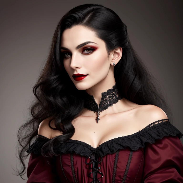 vampire woman, (tmasterpiece:1.2), (best qualtiy:1.2), perfect eyes, the perfect face, 1girl, Vintage, black hair, stern expression, fanciful, exteriors, detailed back ground, putting makeup on, lipsticks, eye shadowascara, thick eyeslashed, highres, absurdres, victorian clothes, smirking, vampire