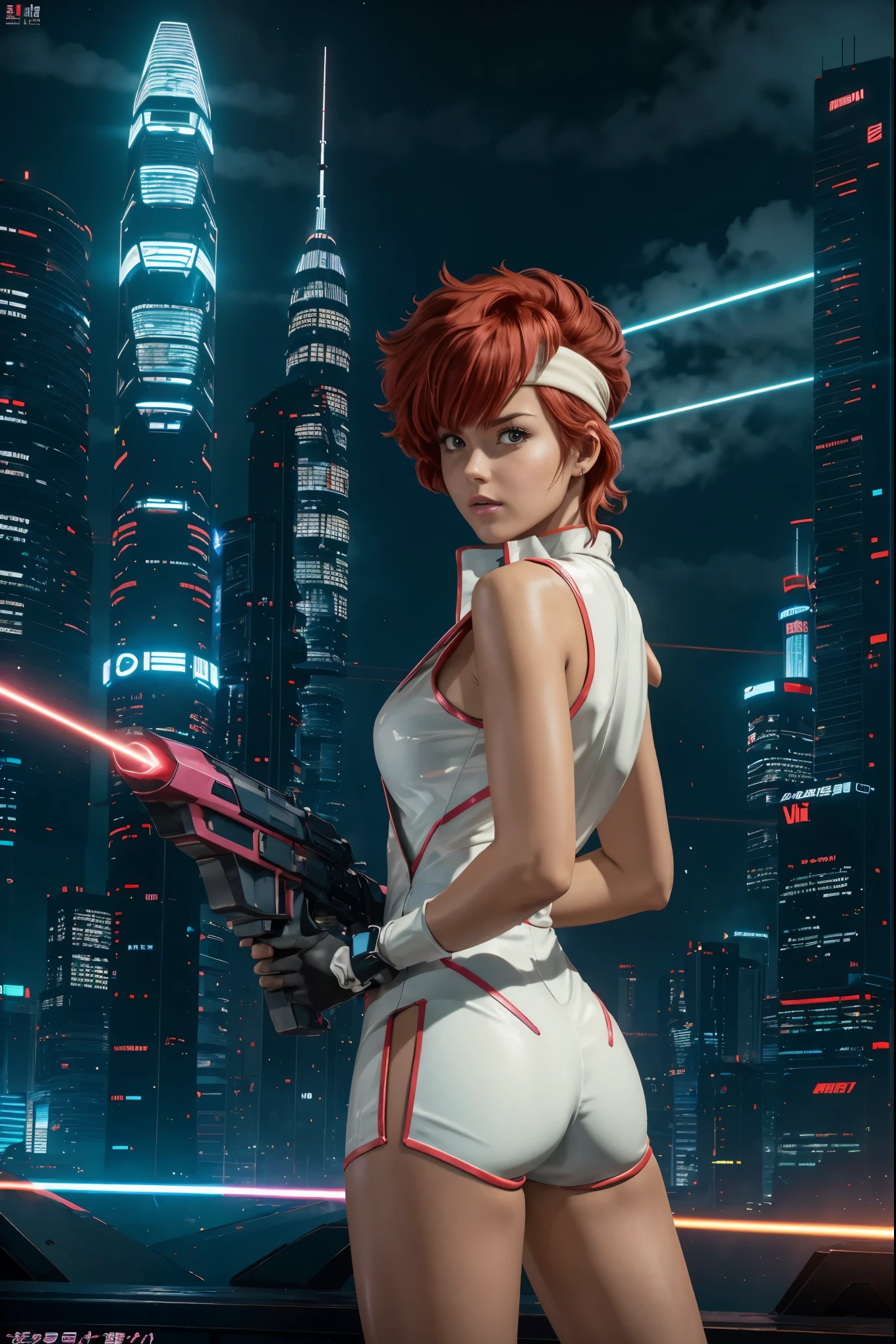 best quality,ultra-detailed,portrait of Kei from The Dirty Pair,realistic,animesque, vibrant colors,bold and dynamic pose,powerful expression,beautiful detailed eyes,intense,sharp focus,medium:anime style,short red hair,wearing her signature white jumpsuit and pink gloves,holding a laser gun in her hand,standing in front of a futuristic cityscape as the sun sets,featuring neon lights and towering skyscrapers,creating a cyberpunk atmosphere,with a touch of mystery and adventure, green headband, rear view, show butt