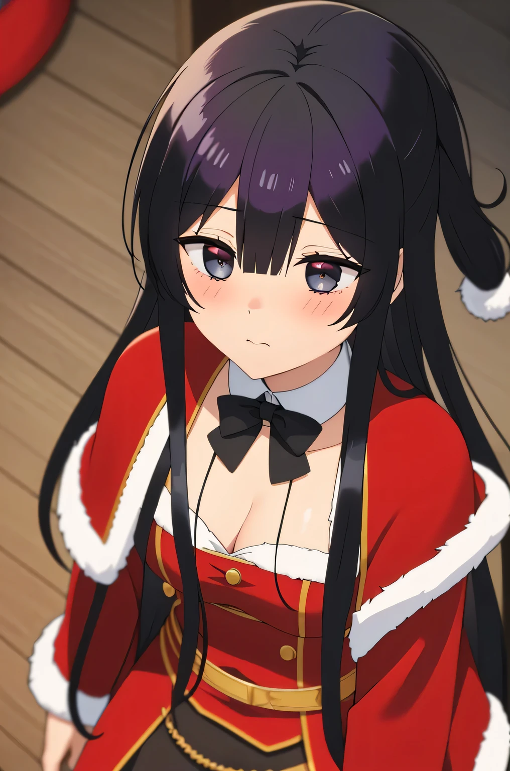 black hair,black eyes, long hair, blush, red capelet, christmas, santa dress, capelet, dress, fur-trimmed capelet, santa costume, santa hat, red dress, red headwear, bangs, breasts, fur-trimmed dress, hat, fur trim, upper body, masterpiece, best quality,(((blush,orgasm,pleasure,embarassed)))
