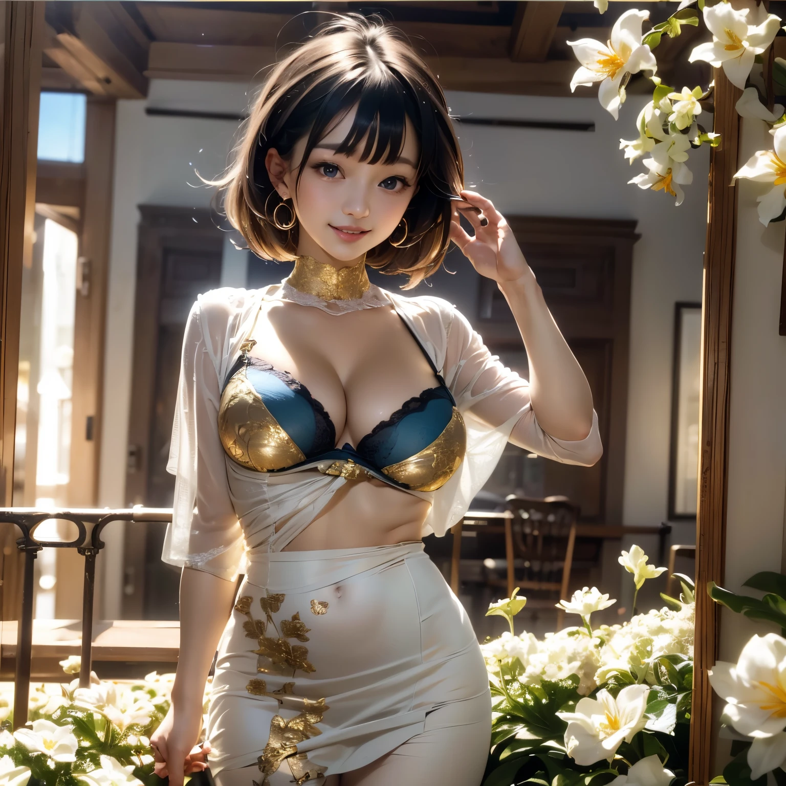 1 girl, Blue eyes. Full-length, holding a lily in her hand, short blue bell dress with yellow stripes, straps, and open shoulders. Blue eyes glow with happiness. Head tilted, short brown hair, graceful head, with a clear smile on her face, Chic interior - sunshine. Chara, a golden studio background, stands among white flowers. Brown hair, blunt bangs, hair between the eyes, parted bangs, long eyelashes, earrings, slight smile, Realism, Surrealism, Art Deco, chiaroscuro, backlighting, masterpiece, anatomically correct, super detail, excellent detail, award-winning, best quality, 1080P, HD