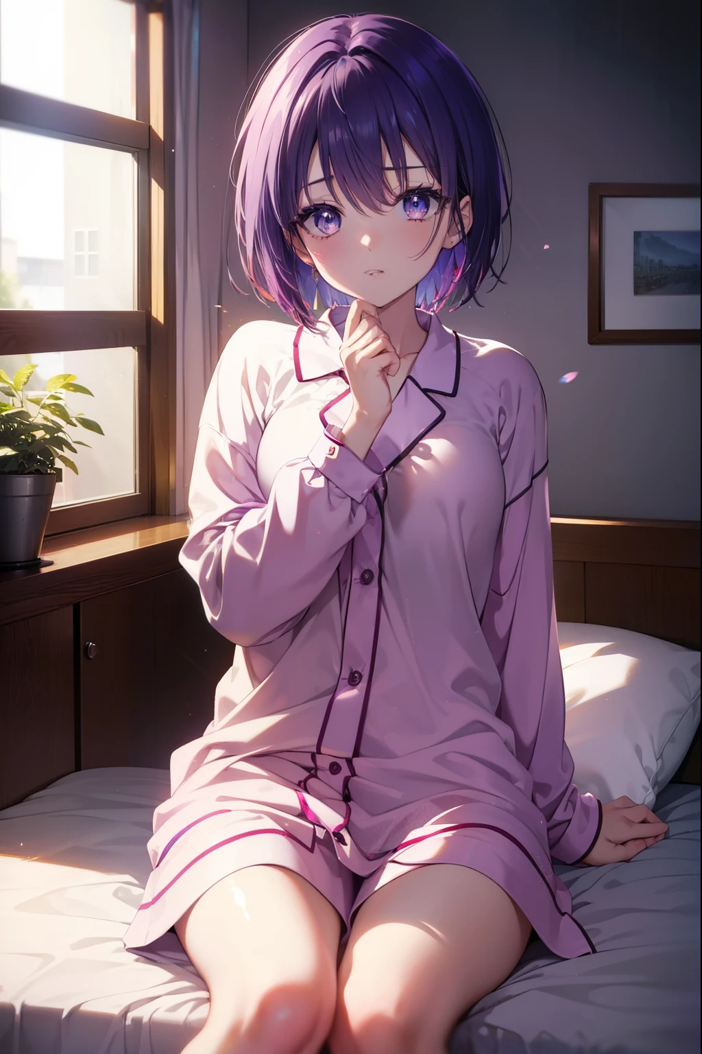 harunasairenji, haruna sairenji,  (purple eyes:1.1), purple hair, short hair, (amount:1.3),windows，pajamas,pajamasショートズボン,barefoot,Waking up,Sitting on the bed,dark room,morning,Light of the sun,
break indoors, Bedroom,
break looking at viewer, (cowboy shot:1.5),
break (masterpiece:1.2), highest quality, High resolution, unity 8k wallpaper, (figure:0.8), (detailed and beautiful eyes:1.6), highly detailed face, perfect lighting, Very detailed CG, (perfect hands, perfect anatomy),