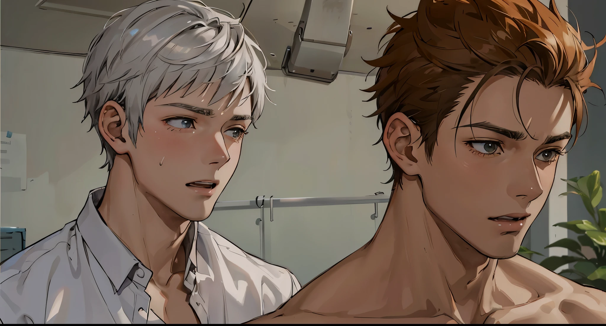 Anime image of two 16-year-olds, the boy in the back has silver hair and is talking with his mouth open  , el de adelante esta muy triste