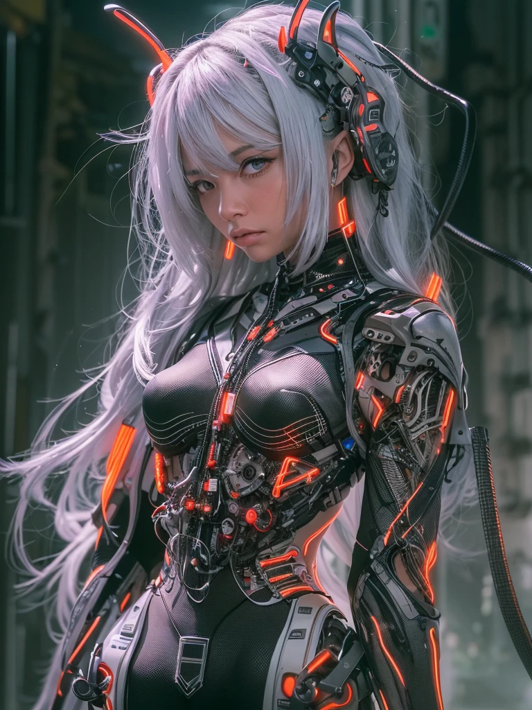 Top Quality, Masterpiece, Ultra High Resolution, ((Photorealistic: 1.4), Raw Photo, 1 Girl, Black Hair, Glossy Skin, 1 Mechanical Girl, (Ultra Realistic Details)), side lighting, deep shadows, Octane Rendering, 8K, Ultra Sharp, Metal, Intricate Ornament Details, Egyptian Details, Very intricate details, realistic light, CGSoation trend, facing the camera, neon details, mechanical limbs, tubes connected to the mechanical parts, mechanical vertebrae attached to the back, mechanical cervical attachment to the neck, wires and cables connecting to the head, evangelion, small glowing LED lamps, (dazzling Cyberpunk city streets in background).