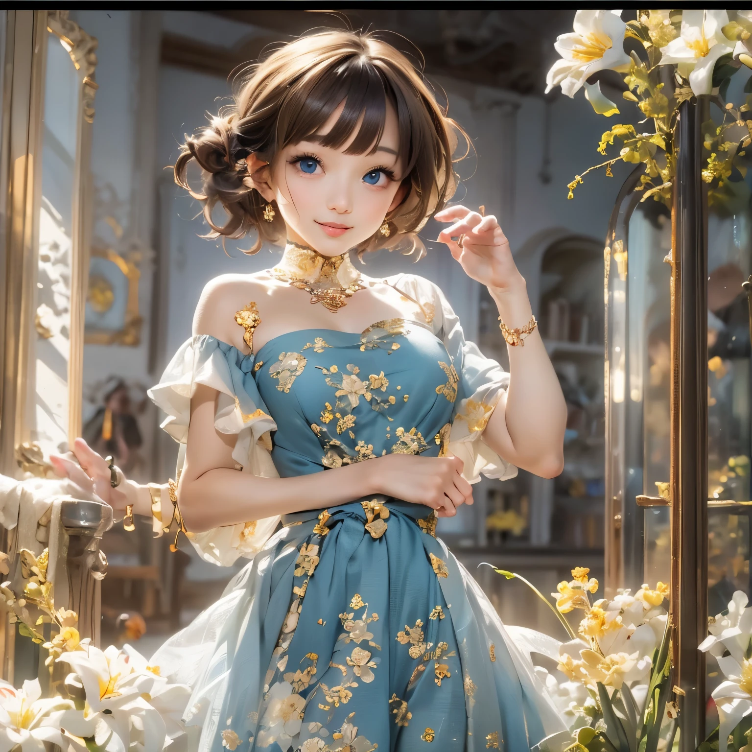 1 girl, Blue eyes. Full-length, holding a lily in her hand, short blue bell dress with yellow stripes, straps, and open shoulders. Blue eyes glow with happiness. Head tilted, short brown hair, graceful head, with a clear smile on her face, Chic interior - sunshine. Chara, a golden studio background, stands among white flowers. Brown hair, blunt bangs, hair between the eyes, parted bangs, long eyelashes, earrings, slight smile, Realism, Surrealism, Art Deco, chiaroscuro, backlighting, masterpiece, anatomically correct, super detail, excellent detail, award-winning, best quality, 1080P, HD