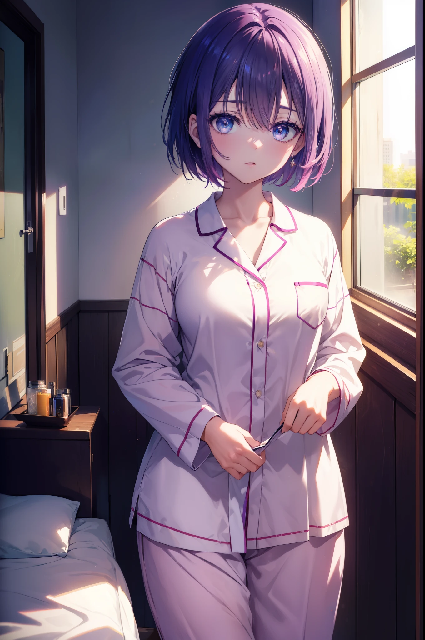 harunasairenji, haruna sairenji,  (purple eyes:1.1), purple hair, short hair, (amount:1.3),windows,Open clothes,pajamas,pajamasショートズボン,barefoot,Waking up,Sitting on the bed,dark room,morning,Light of the sun,
break indoors, Bedroom,
break looking at viewer, (cowboy shot:1.5),
break (masterpiece:1.2), highest quality, High resolution, unity 8k wallpaper, (figure:0.8), (detailed and beautiful eyes:1.6), highly detailed face, perfect lighting, Very detailed CG, (perfect hands, perfect anatomy),