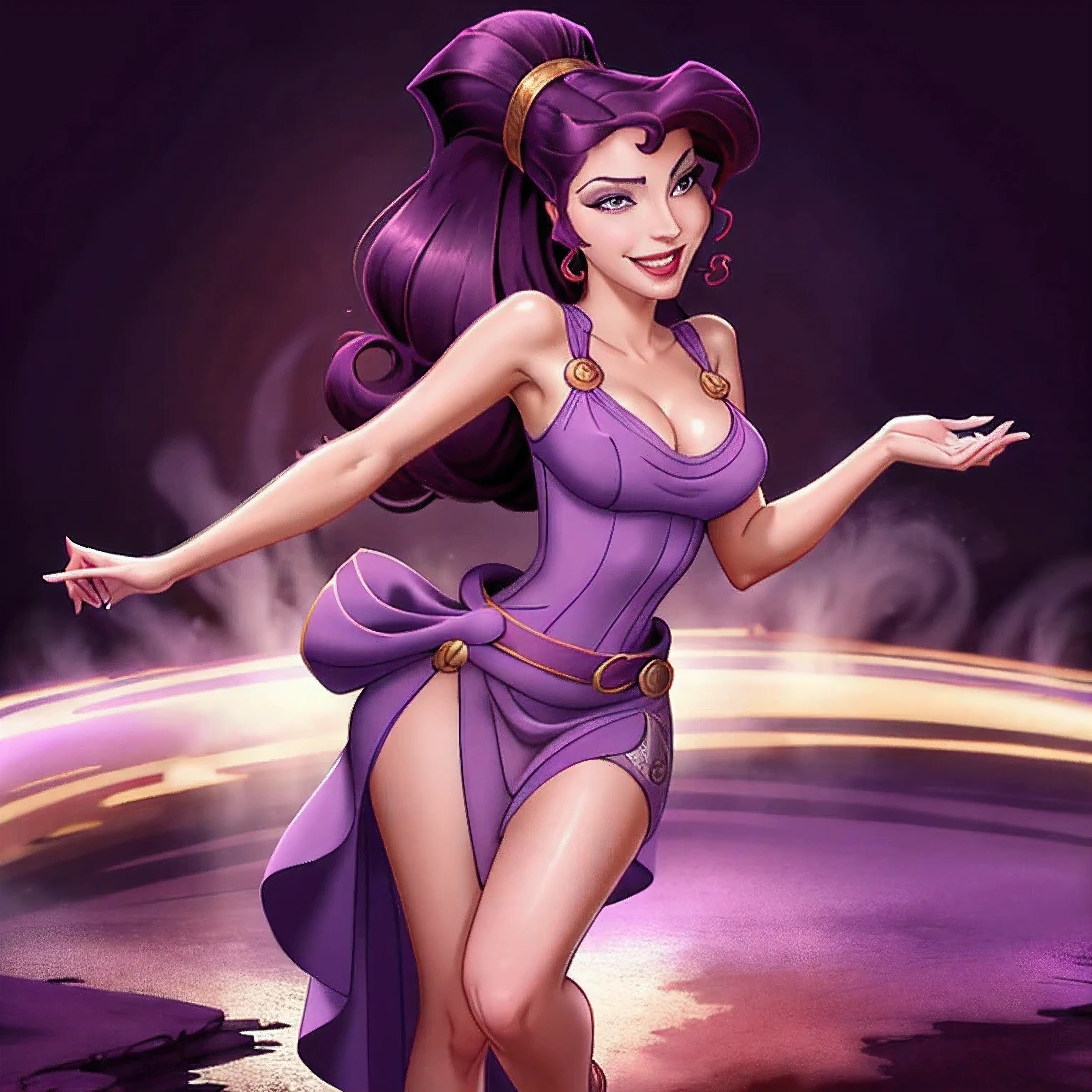 NSFW1:2, 1girl, full-length, full body portrait of Megara taking off her purple dress, exposed nipples, bare breasts, big breasts, high heels visible, evil smile, detailed eyes, high ponytail, long hair, bare shoulders, long purple dress, looking at viewer, best quality, masterpiece, retro artstyle, vintage t-shirt design, in the style of hand drawing, 3D vector art, fantasy art, watercolour effect,