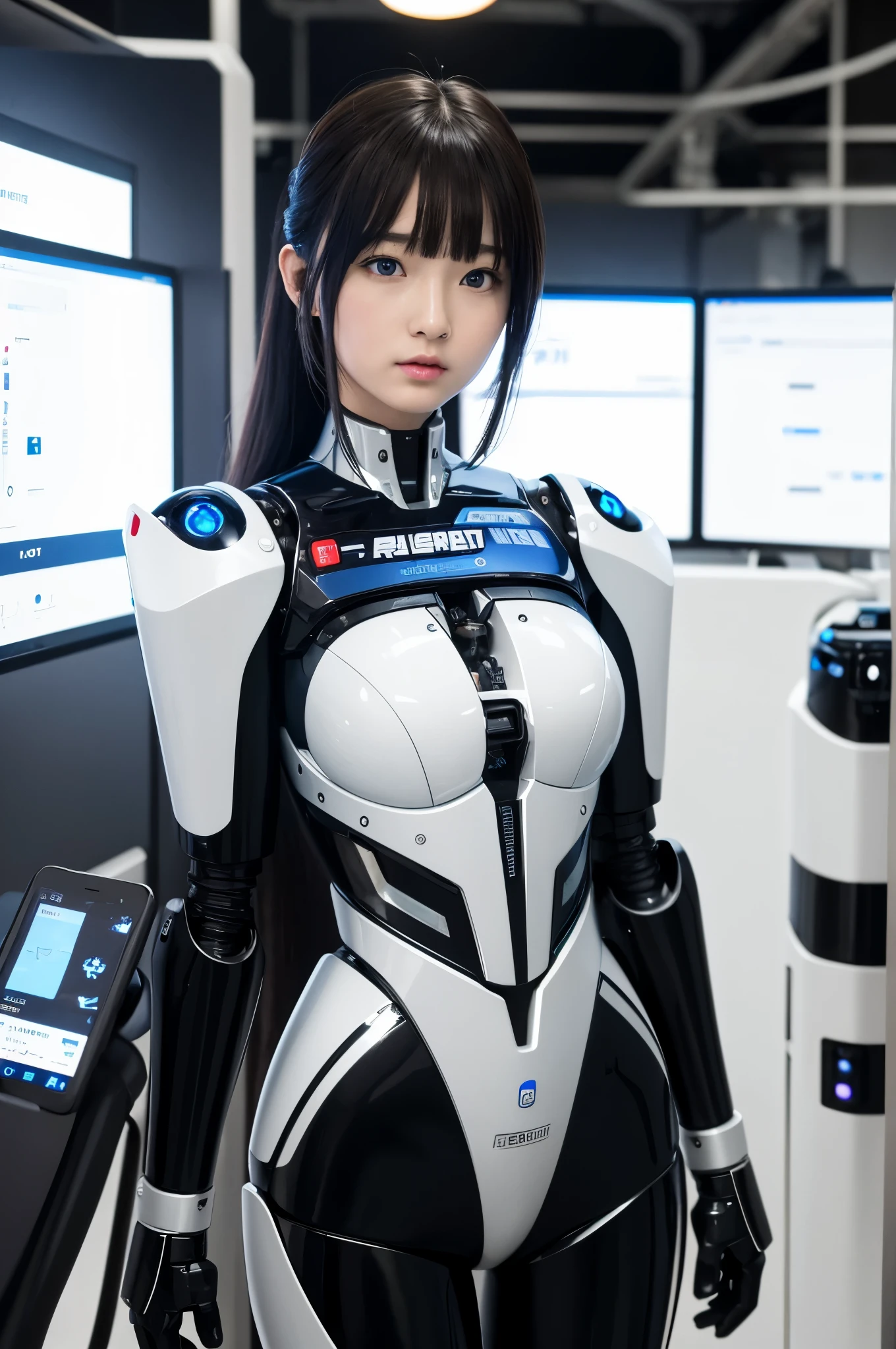 masterpiece, best quality, extremely detailed, Japaese android girl,Plump ,control panels,android,Droid,Mechanical Hand, Robot arms and legs,Blunt bangs,perfect robot girl,long tube,thick cable connected her neck,android,robot,humanoid,cyborg,japanese cyborg girl ,robot-assembly plant,She has assembled now,assembly scene,chest monitor,blue eyes