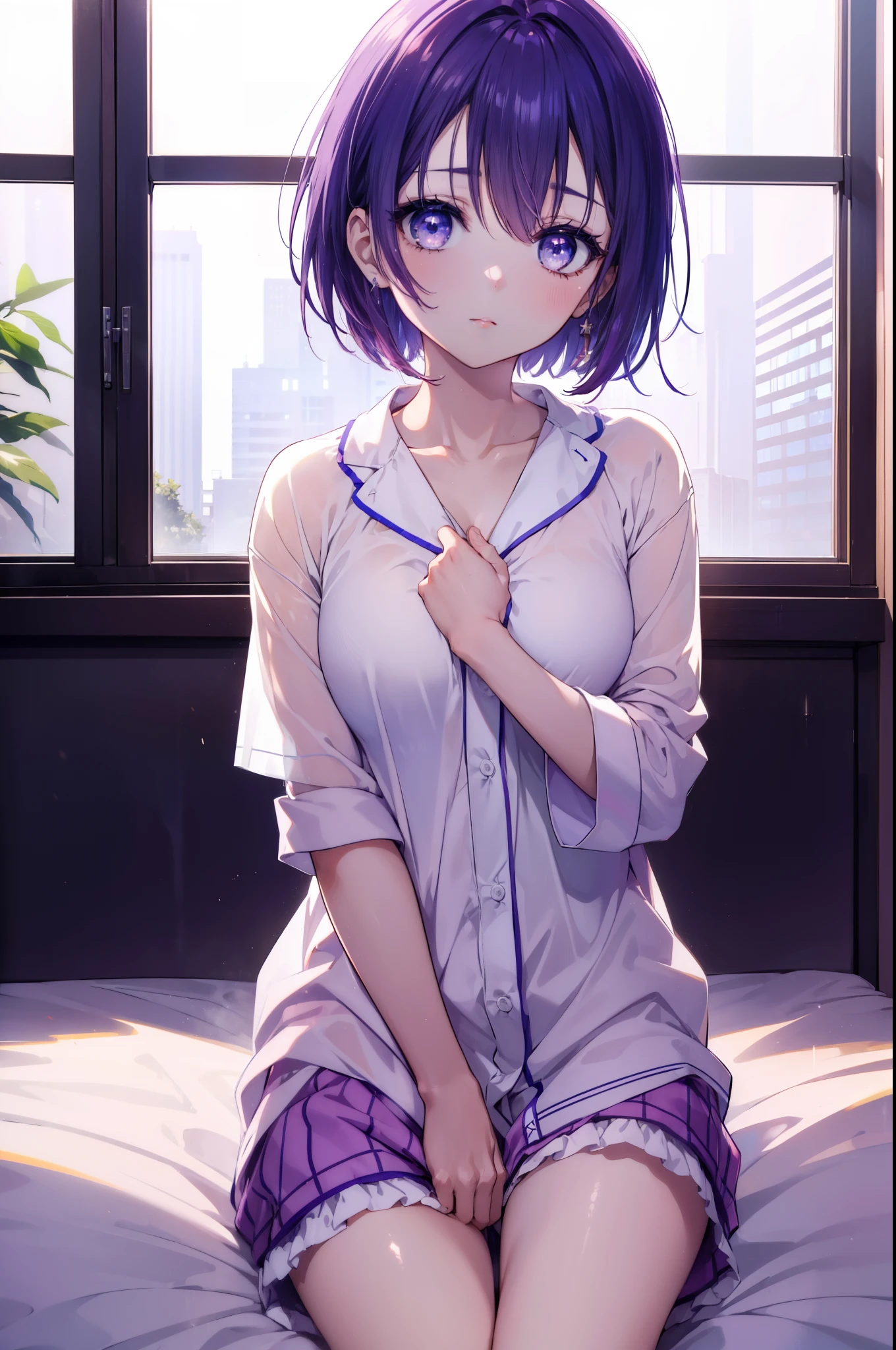 harunasairenji, haruna sairenji,  (purple eyes:1.1), purple hair, short hair, (amount:1.3),windows,Open clothes,pajamas,pajamasショートズボン,barefoot,Waking up,Sitting on the bed,dark room,morning,Light of the sun,
break indoors, Bedroom,
break looking at viewer, (cowboy shot:1.5),
break (masterpiece:1.2), highest quality, High resolution, unity 8k wallpaper, (figure:0.8), (detailed and beautiful eyes:1.6), highly detailed face, perfect lighting, Very detailed CG, (perfect hands, perfect anatomy),