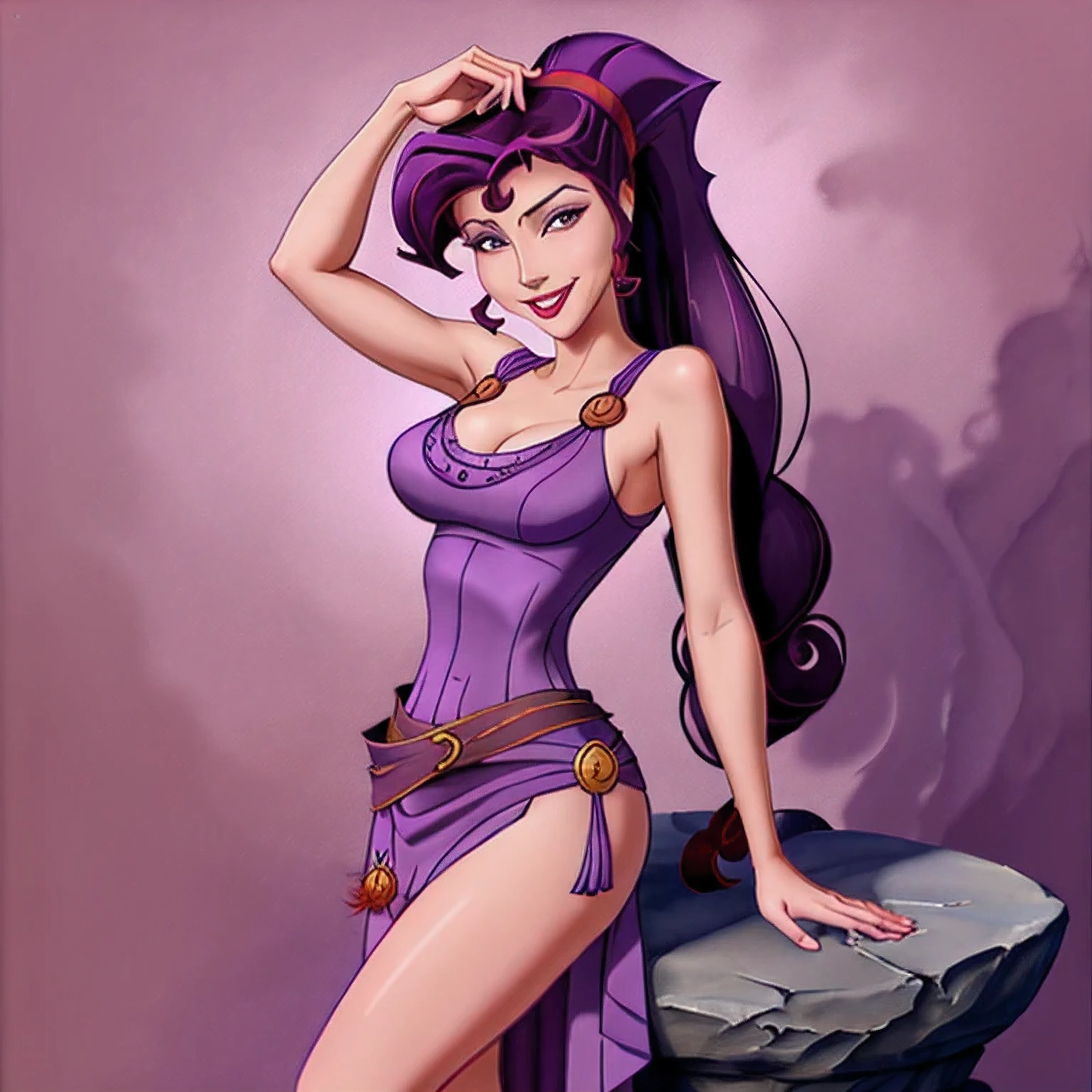 NSFW1:2, 1girl, full-length, full body portrait of Megara taking off her purple dress, exposed nipples, bare breasts, big breasts, high heels visible, evil smile, detailed eyes, high ponytail, long hair, bare shoulders, long purple dress, looking at viewer, best quality, masterpiece, retro artstyle, vintage t-shirt design, in the style of hand drawing, 3D vector art, fantasy art, watercolour effect,