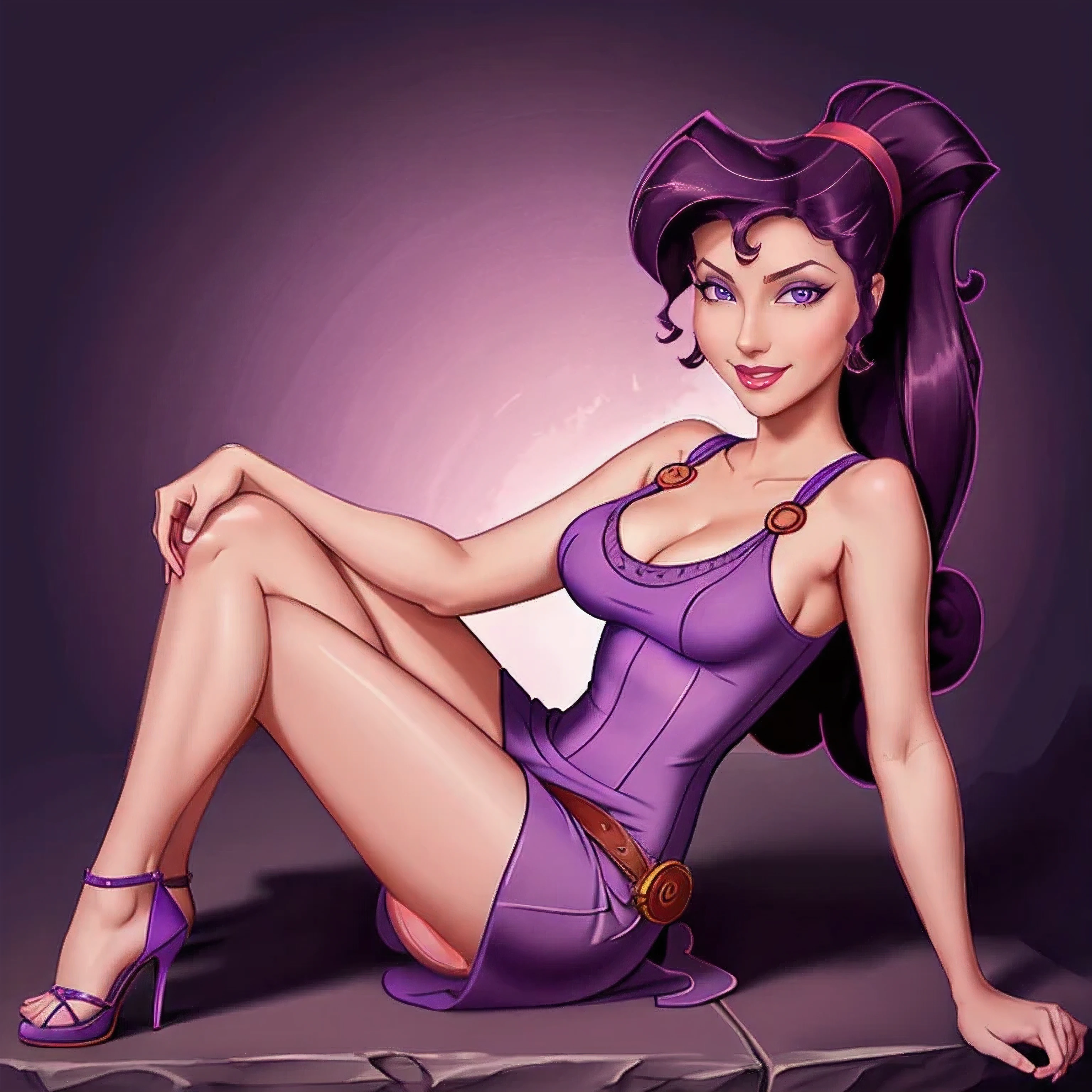 NSFW1:2, 1girl, full-length, full body portrait of Megara taking off her purple dress, exposed nipples, bare breasts, big breasts, high heels visible, evil smile, detailed eyes, high ponytail, long hair, bare shoulders, long purple dress, looking at viewer, best quality, masterpiece, retro artstyle, vintage t-shirt design, in the style of hand drawing, 3D vector art, fantasy art, watercolour effect, Adobe Illustrator, hand-drawn, digital painting, low-poly, soft lighting, isometric style, retro aesthetic, focused on the character, 4K resolution, 