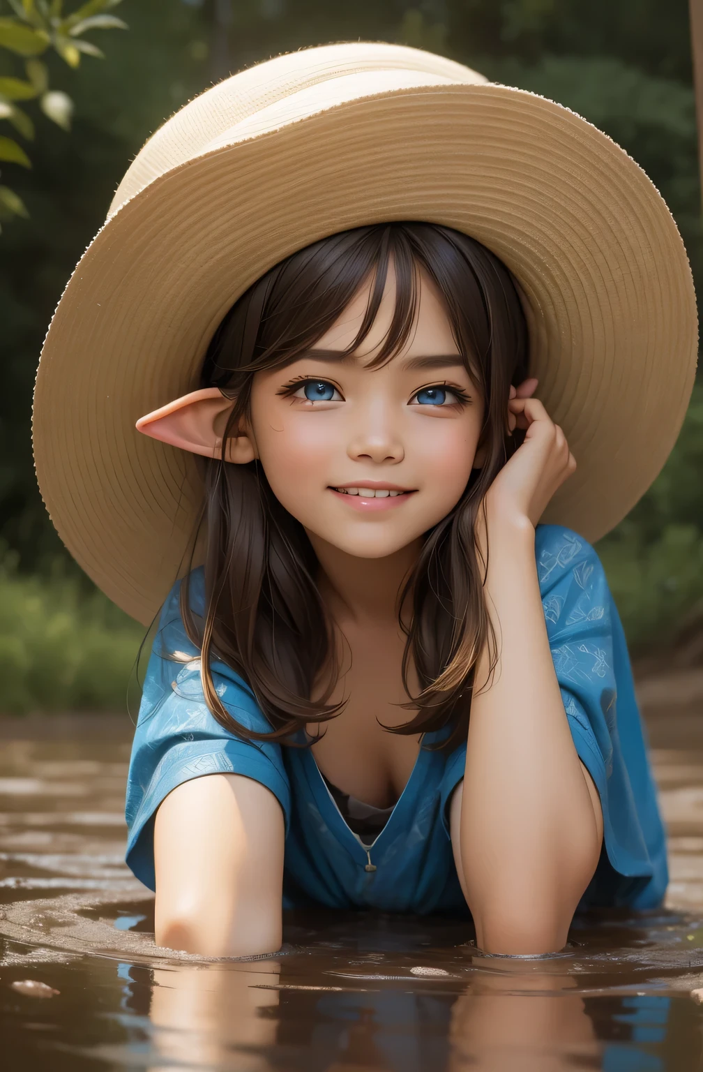 Mid-range scene,A cute girl, lovely digital painting, Cute detailed digital art, ,  6 years old，Has big, sweet blue eyes, Brown hair long, Cute face,  in hat，The face was painted with colored paint，ssmile，cheerfulness，lovely digital painting, portrait of very beautiful elf, Cute detailed digital art, A sly expression，The expression is mischievous, Lying in a puddle of mud.