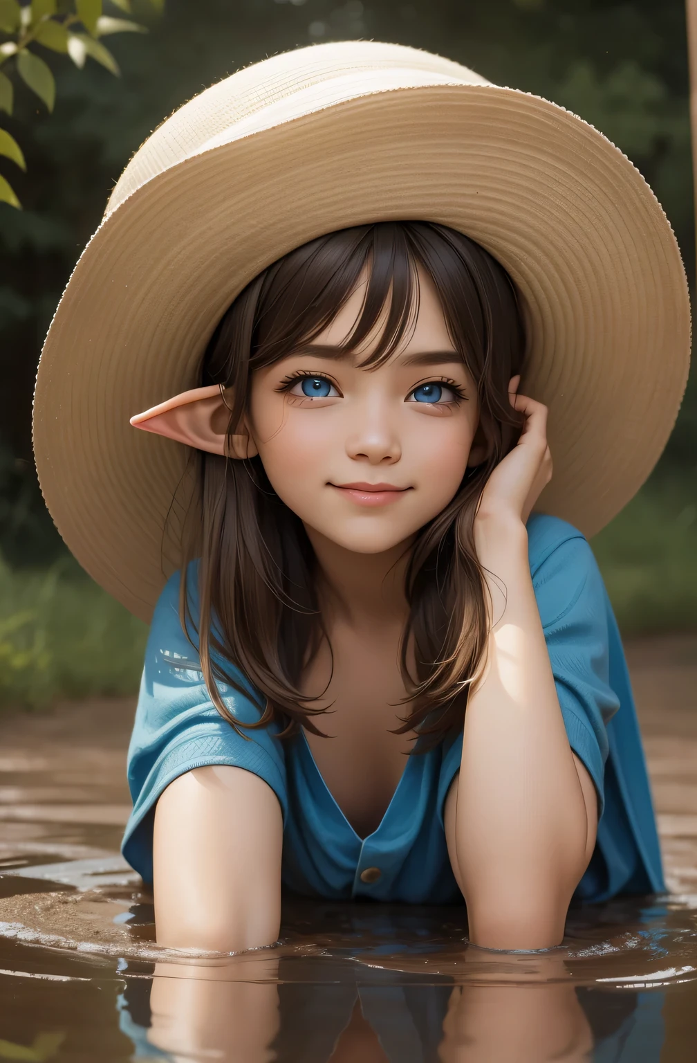 Mid-range scene,A cute girl, lovely digital painting, Cute detailed digital art, ,  6 years old，Has big, sweet blue eyes, Brown hair long, Cute face,  in hat，The face was painted with colored paint，ssmile，cheerfulness，lovely digital painting, portrait of very beautiful elf, Cute detailed digital art, A sly expression，The expression is mischievous, Lying in a puddle of mud.