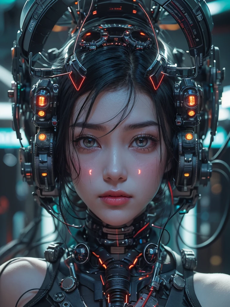 Top Quality, Masterpiece, Ultra High Resolution, ((Photorealistic: 1.4), Raw Photo, 1 Girl, Black Hair, Glossy Skin, 1 Mechanical Girl, (Ultra Realistic Details)), Global Illumination, Shadows, Octane Rendering, 8K, Ultra Sharp, Big, Cleavage Exposed, Metal, Intricate Ornament Details, Egyptian Details, Very intricate details, realistic light, CGSoation trend, purple eyes, glowing eyes, facing the camera, neon details, mechanical limbs, blood vessels connected to the tube, mechanical vertebrae attached to the back, mechanical cervical attachment to the neck, wires and cables connecting to the head, evangelion, small glowing LED lamps, (dazzling Cyberpunk cityscape in background,)