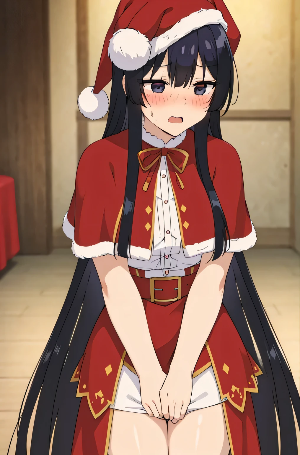 black hair,black eyes, long hair, blush, red capelet, christmas, santa dress, capelet, dress, fur-trimmed capelet, santa costume, santa hat, red dress, red headwear, bangs, breasts, fur-trimmed dress, hat, fur trim, upper body, masterpiece, best quality,(((((blush,orgasm,pleasure,embarassed)))))
