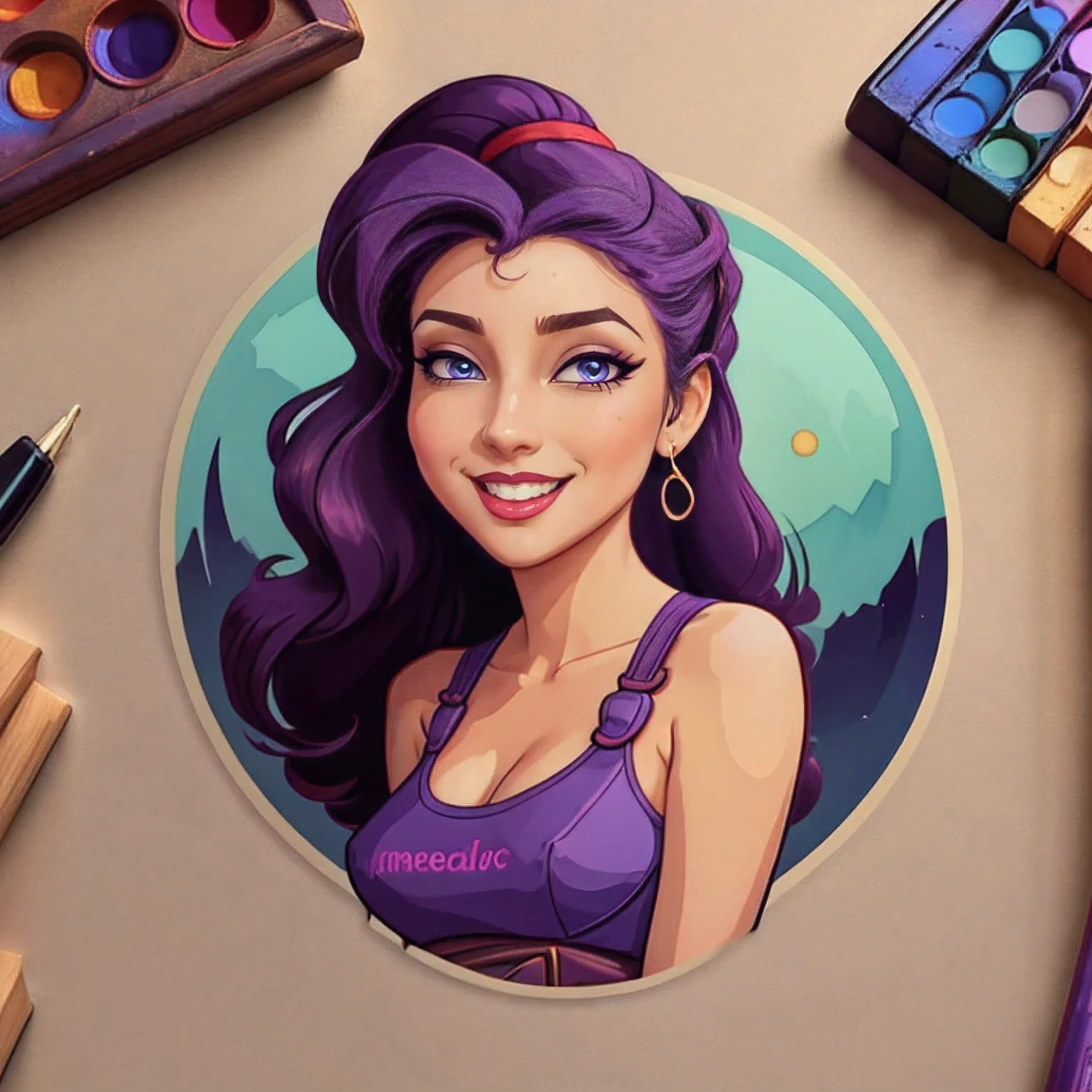 STICKER, (solid outline:1.3), (NSFW:1.2), (masterpiece:1.2), 1girl, full-length, full body portrait of Megara taking off her purple dress, exposed nipples, bare breasts, big breasts, high heels visible, evil smile, detailed eyes, high ponytail, long hair, bare shoulders, long purple dress, looking at viewer, best quality, masterpiece, retro artstyle, vintage t-shirt design, in the style of hand drawing, 3D vector art, fantasy art, watercolour effect, Adobe Illustrator, hand-drawn, digital painting, low-poly, soft lighting, isometric style, retro aesthetic, focused on the character, 4K resolution, 