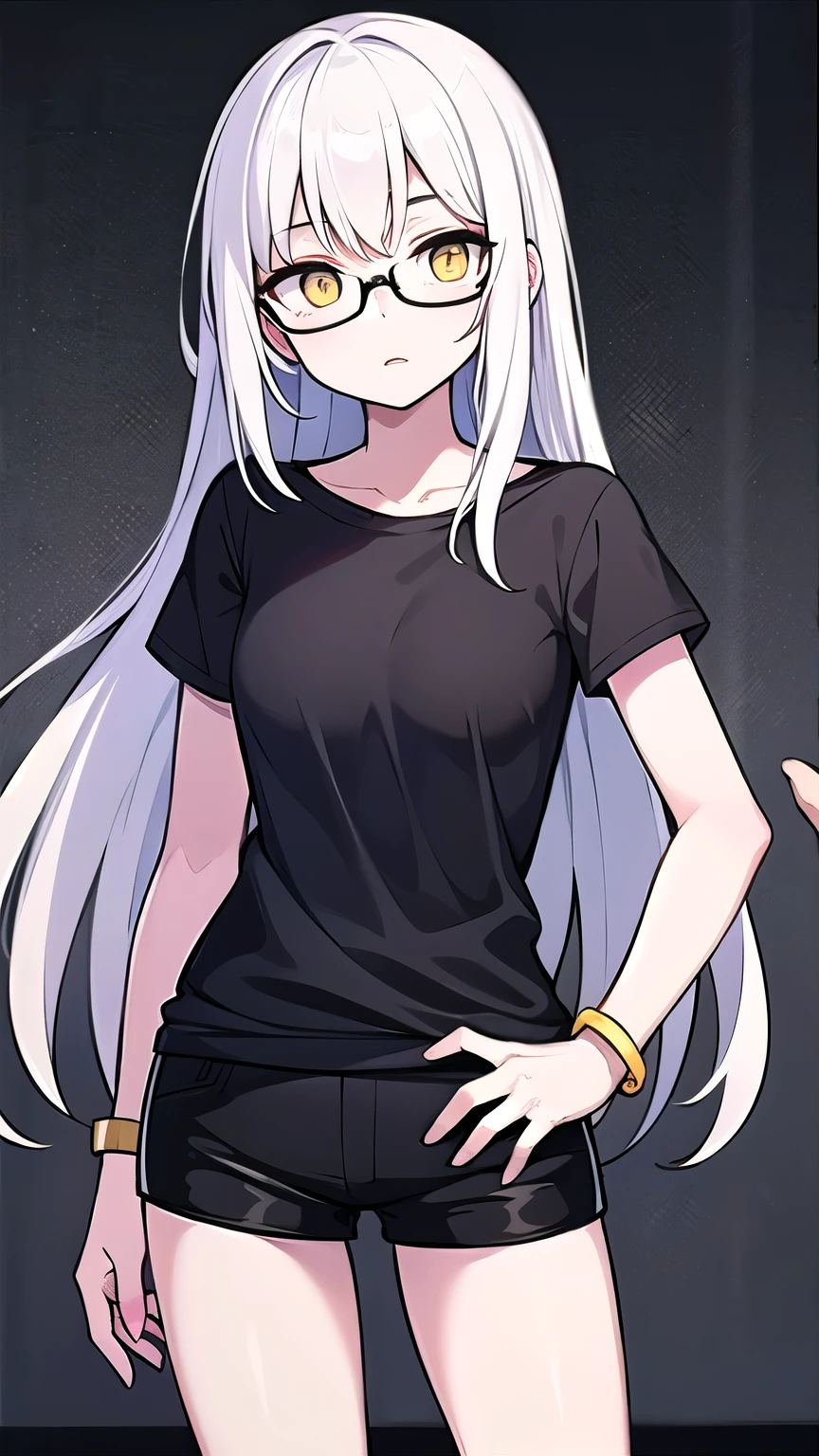 young woman with long white hair Black round glasses and yellow eyes. His face was solemn and he wore a black t-shirt. white shorts black and yellow bracelet Stand and hold your chest.