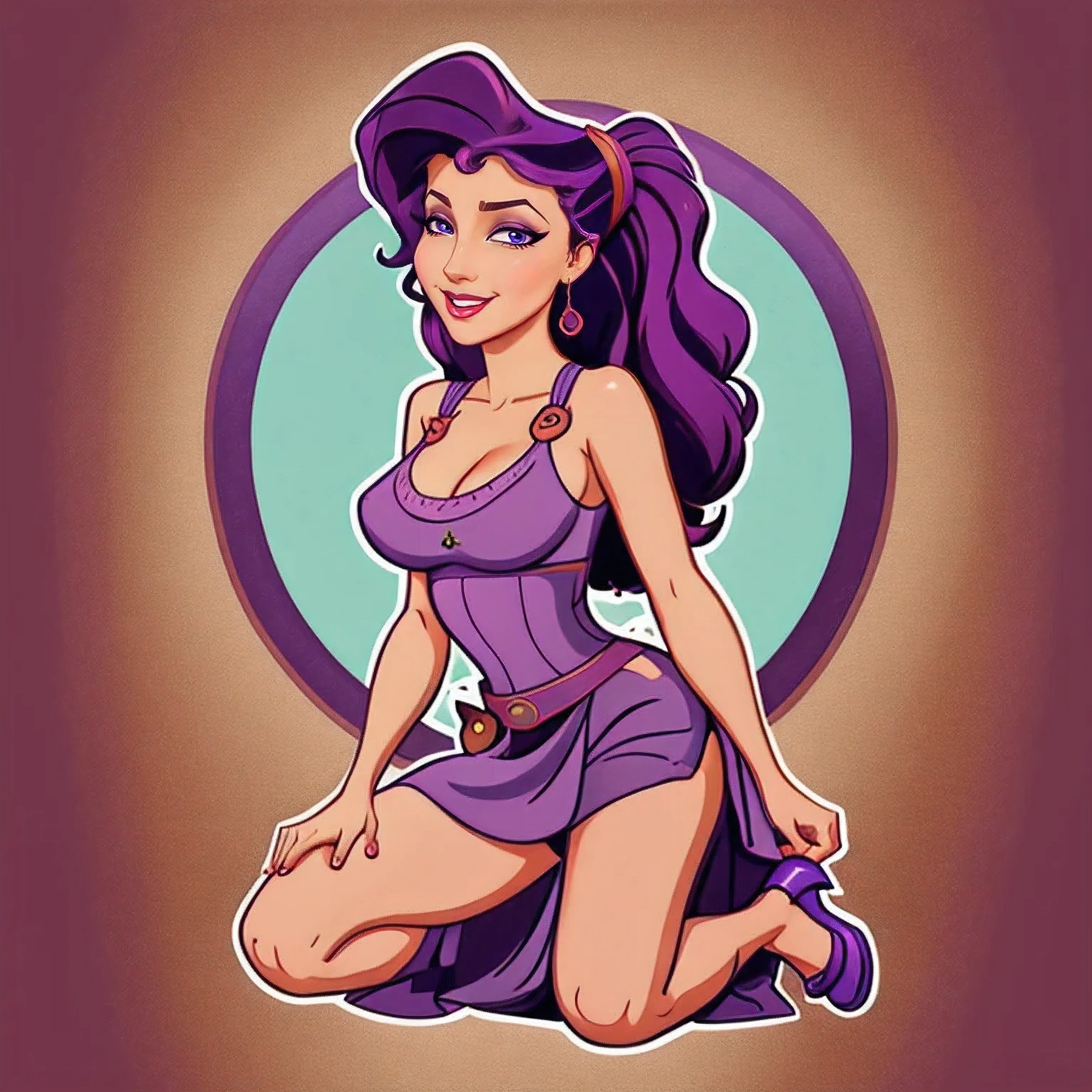 STICKER, (solid outline:1.3), (NSFW:1.2), (masterpiece:1.2), 1girl, full-length, full body portrait of Megara taking off her purple dress, exposed nipples, bare breasts, big breasts, high heels visible, evil smile, detailed eyes, high ponytail, long hair, bare shoulders, long purple dress, looking at viewer, best quality, masterpiece, retro artstyle, vintage t-shirt design, in the style of hand drawing, 3D vector art, fantasy art, watercolour effect, Adobe Illustrator, hand-drawn, digital painting, low-poly, soft lighting, isometric style, retro aesthetic, focused on the character, 4K resolution, 