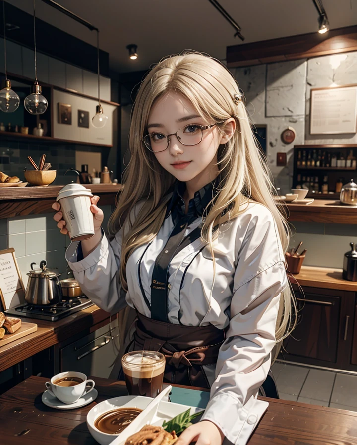 table top、High resolution、coffee shop、A woman brewing delicious coffee、20 year old girl、１girl clerk、looking at camera、straight hair、blonde long hair、smile、Finished like the photo、coffee and beauty、her skin is white and beautiful、glasses、glasses、Glasseaid clothes