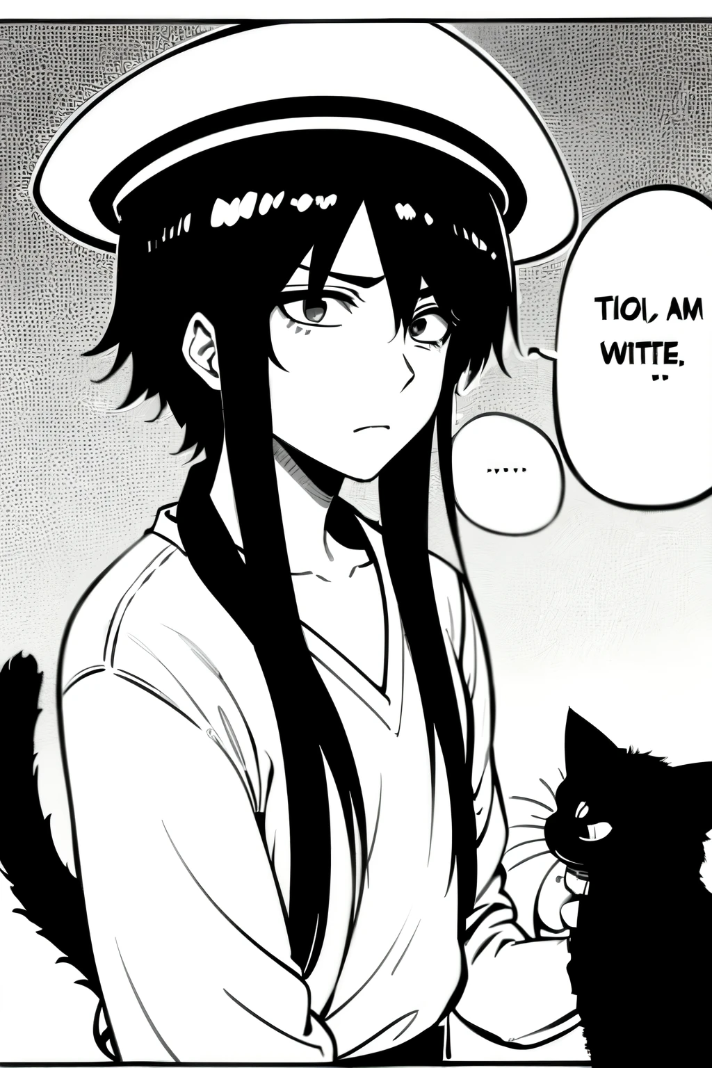 Anime, boy, masculine, eyebags, black hair, tired, fedora, cat, petting cat, black and white