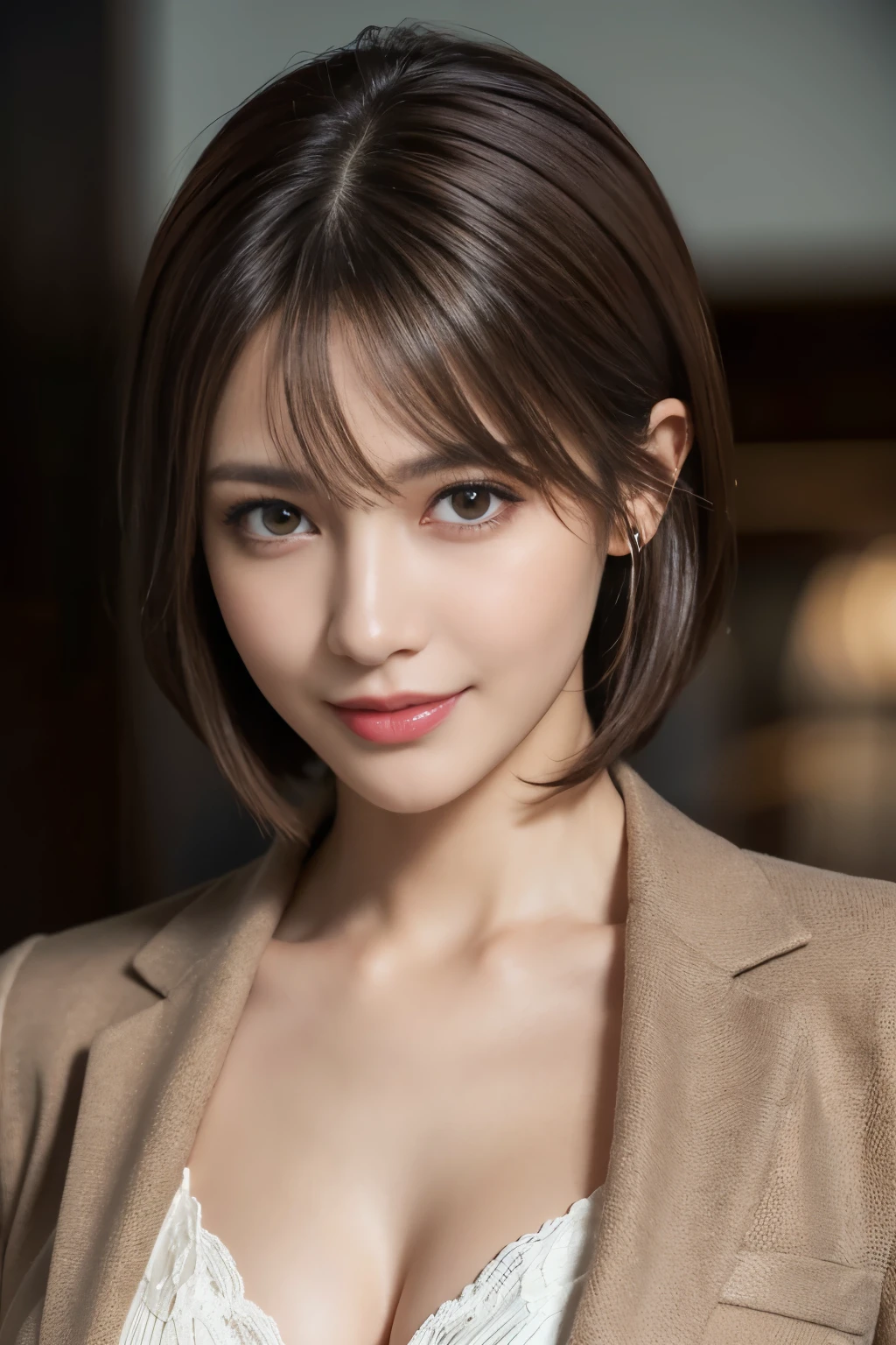 table top, highest quality, realistic, Super detailed, finely, High resolution, 8k wallpaper, 1 beautiful woman,, Light brown shorthair, wearing a business suit, sharp focus, perfect dynamic composition, beautiful and detailed eyes, thin hair, Detailed realistic skin texture, smile, close-up portrait, model body shape,cleavage