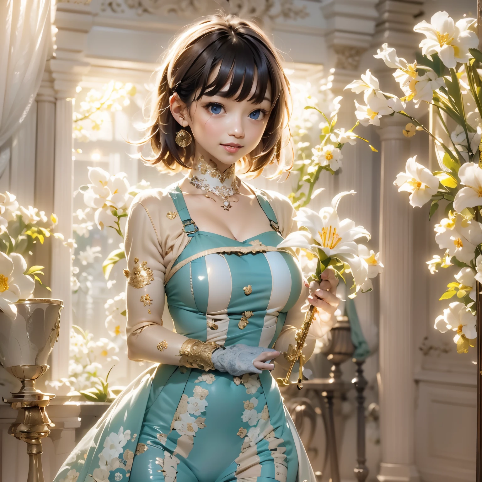1 girl, Blue eyes. Full-length, holding a lily in her hand, short blue bell dress with yellow stripes, straps, and open shoulders. Blue eyes glow with happiness. Head tilted, short brown hair, graceful head, with a clear smile on her face, Chic interior - sunshine. Chara, a golden studio background, stands among white flowers. Brown hair, blunt bangs, hair between the eyes, parted bangs, long eyelashes, earrings, slight smile, Realism, Surrealism, Art Deco, chiaroscuro, backlighting, masterpiece, anatomically correct, super detail, excellent detail, award-winning, best quality, 1080P, HD