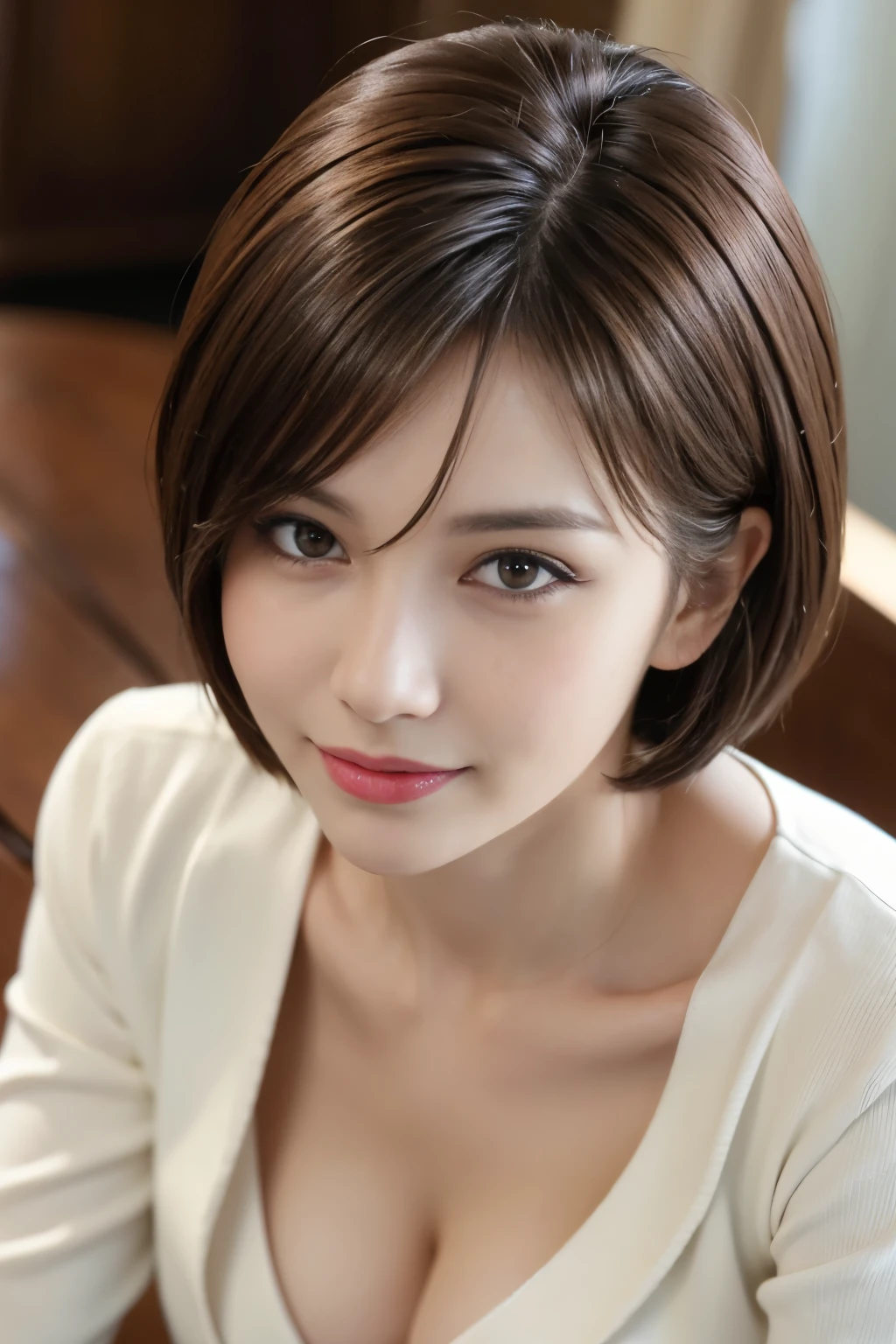 table top, highest quality, realistic, Super detailed, finely, High resolution, 8k wallpaper, 1 beautiful woman,, Light brown shorthair, wearing a business suit, sharp focus, perfect dynamic composition, beautiful and detailed eyes, thin hair, Detailed realistic skin texture, smile, close-up portrait, model body shape,cleavage
