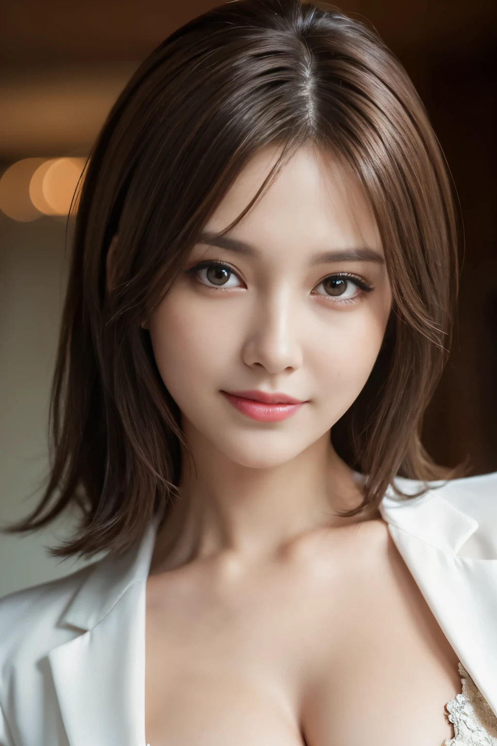 table top, highest quality, realistic, Super detailed, finely, High resolution, 8k wallpaper, 1 beautiful woman,, Light brown shorthair, wearing a business suit, sharp focus, perfect dynamic composition, beautiful and detailed eyes, thin hair, Detailed realistic skin texture, smile, close-up portrait, model body shape,cleavage