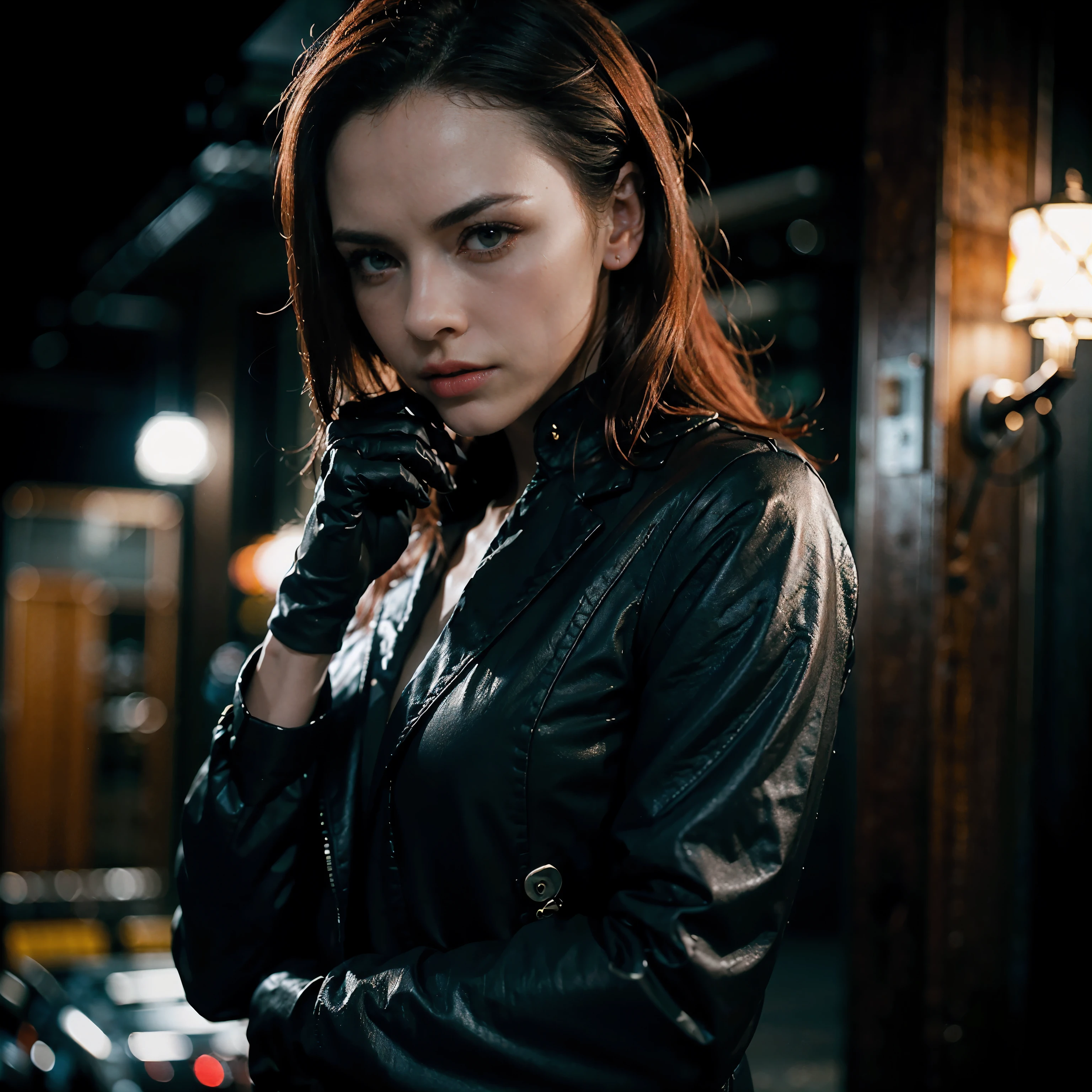 (best quality,highres),((cinematic shot):1.2),((full body):1.2),((beautiful detailed):1.1) female secret agent with red hair,(spy movie atmosphere),(intense look, piercing gaze),(professional outfit, sleek and black),((black hand gloves):1.1),(mysterious aura),(dynamic pose),(action-packed scene),(suspenseful lighting),(dramatic shadows),(sharp focus),(ultra-detailed),(vivid colors),(bokeh)