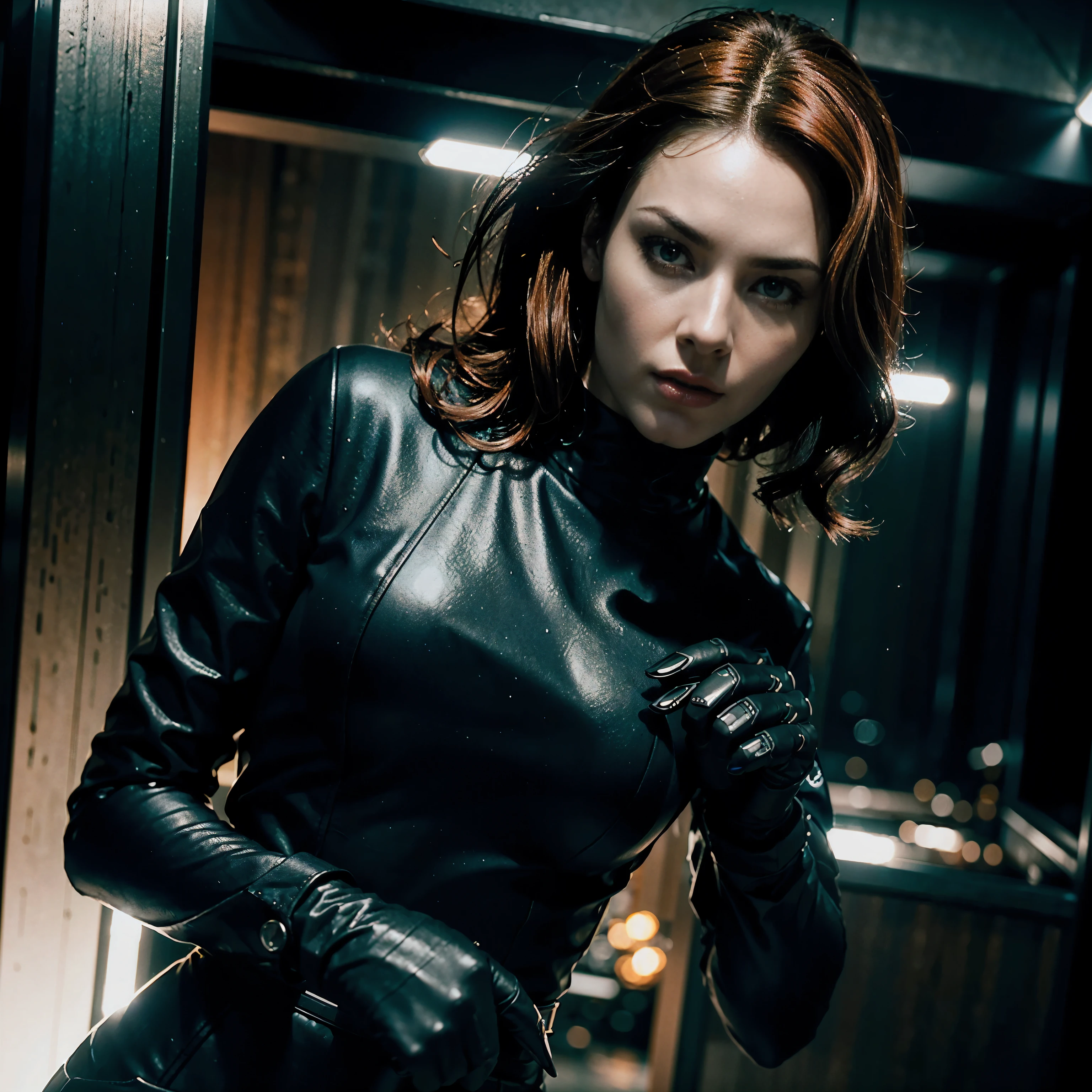 (best quality,highres),((cinematic shot):1.2),((full body):1.2),((beautiful detailed):1.1) female secret agent with red hair,(spy movie atmosphere),(intense look, piercing gaze),(professional outfit, sleek and black),((black hand gloves):1.1),(mysterious aura),(dynamic pose),(action-packed scene),(suspenseful lighting),(dramatic shadows),(sharp focus),(ultra-detailed),(vivid colors),(bokeh)